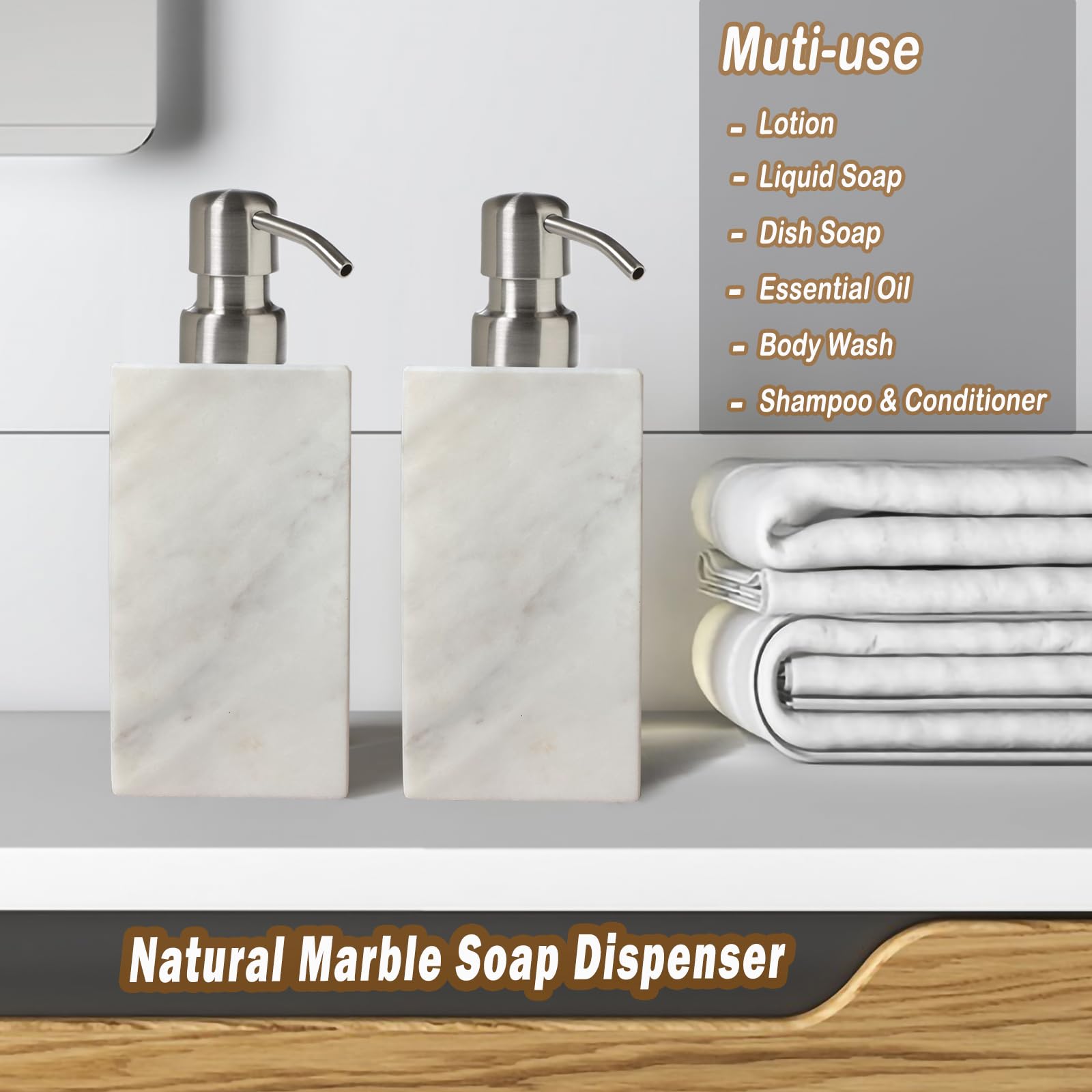 Hand Liquid&Lotion Soap Dispenser Pump Bottle Natural Marble For Kitchen Bathroom Countertop Laundry Room Holds Dish Soap Shampo