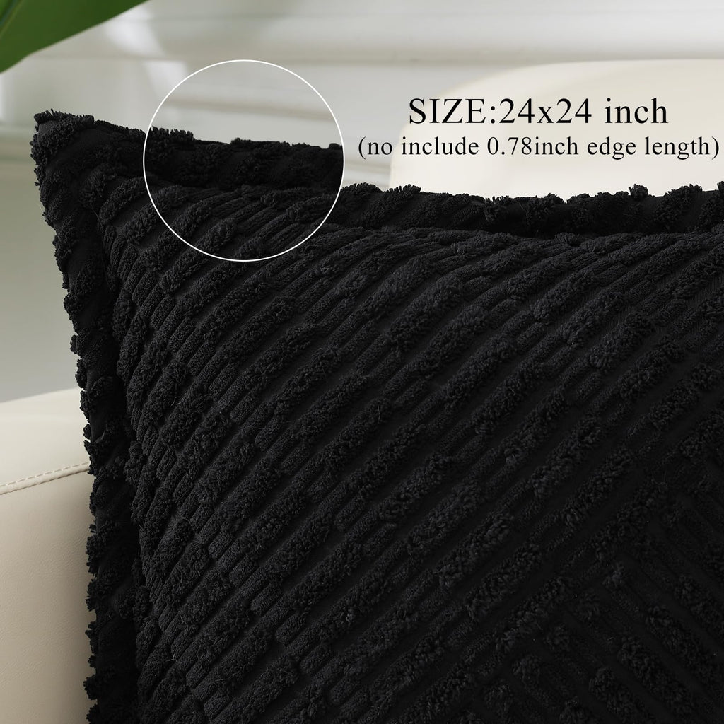 Decoruhome Decorative Black Throw Pillow Covers 24X24 Set Of 2 With Splicing, Boho Soft Corduroy Broadside Twill Pillow Covers F