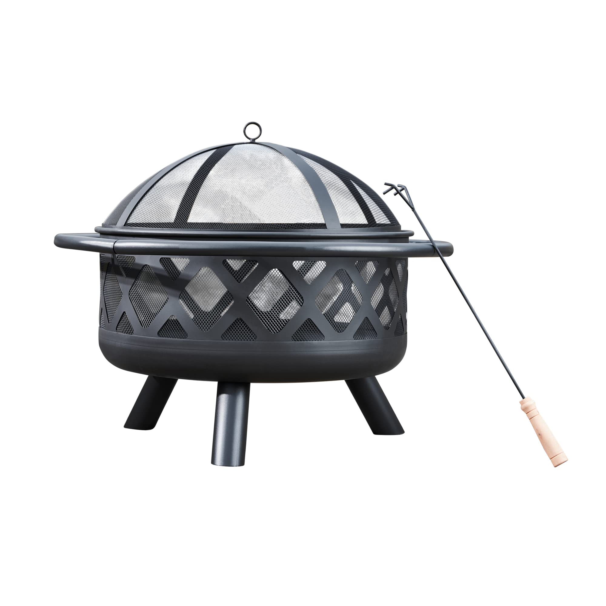 Teamson Home Round Steel Outdoor Fire Pit Outside Wood Burning Firepit Bonfire With Firebowl, Poker, Mesh Screen For Patio Garde