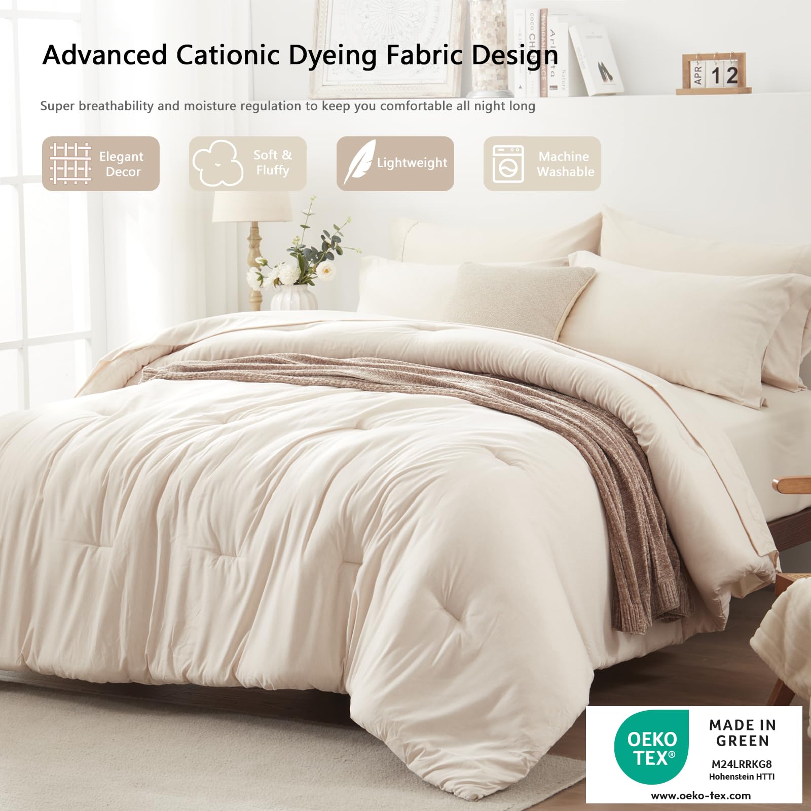 Unilibra King Comforter Set 7 Pieces Bed In A Bag - Beige King Soft Bedding Set For All Seasons - Cationic Dyeing Bed Comforter Sets With Comforter, Flat Sheet, Fitted Sheet, Pillowcases & Shams