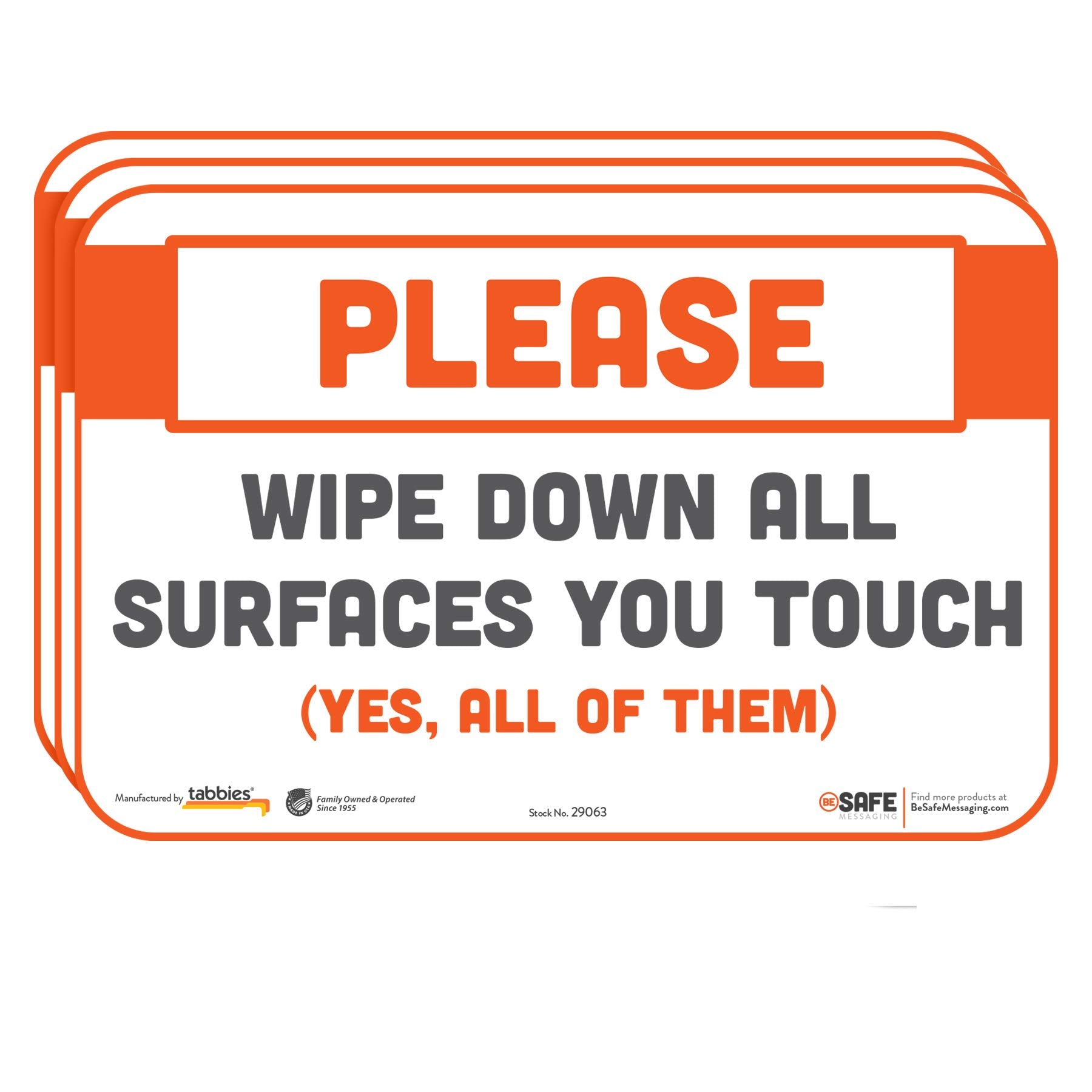 Tabbies Besafe Messaging Repositionable Wall/Door Signs, 9 X 6, Please Wipe Down All Surfaces You Touch, White, 3/Pack