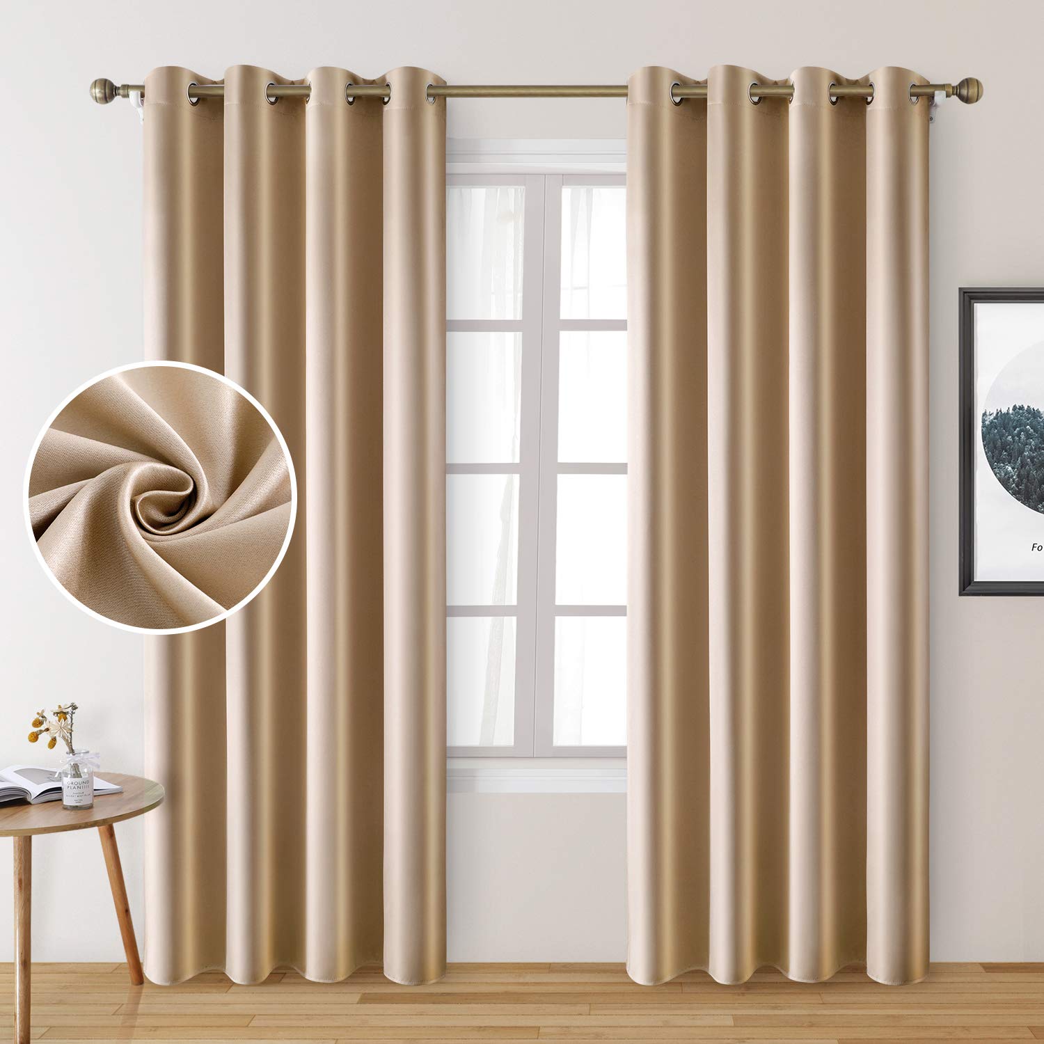 Homeideas 2 Panels Beige Faux Silk Curtains Champagne Gold Blackout Curtains For Bedroom 52 X 84 Inch Room Darkening Satin Drape