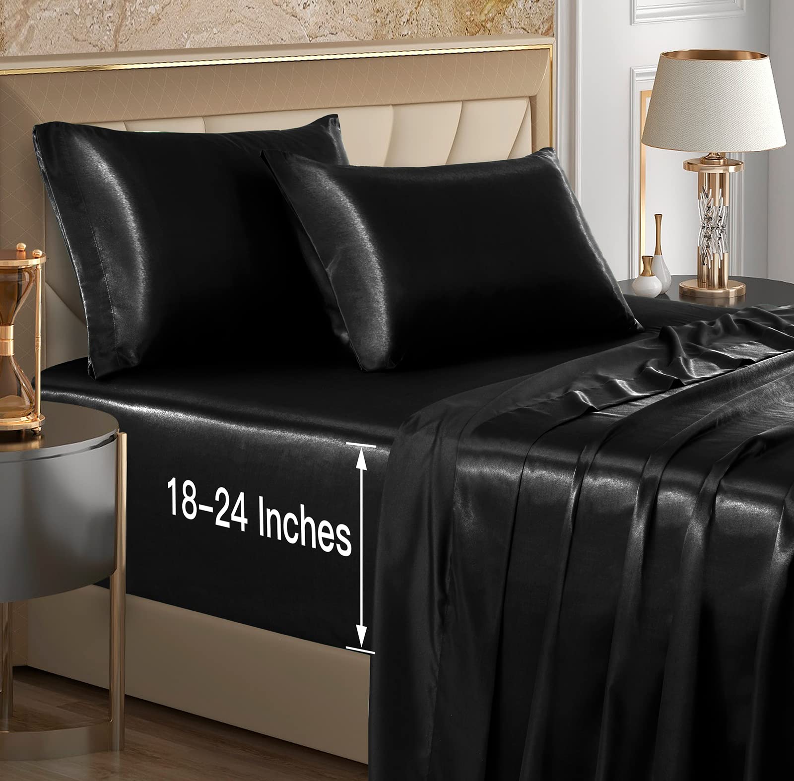 Vacvelt 4Pcs Extra Deep Pocket Satin Sheets King Size Bed Set, Black Satin Sheet Set Fit 18-24 Inch Deep Pocket Mattress, Silky
