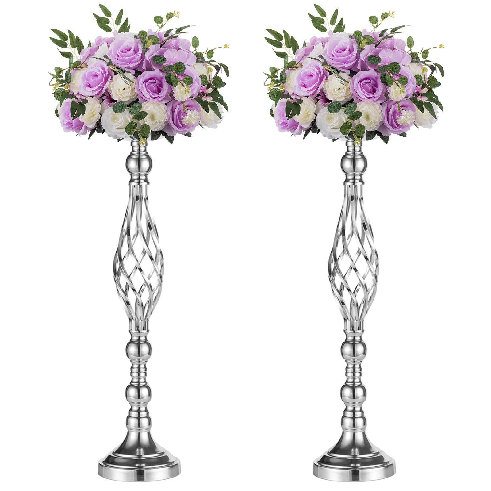 Set of 2 Versatile Silver Flower Arrangement Stand & Pillar Candle Holder Set for Wedding Party Dinner Centerpiece Event Restaur