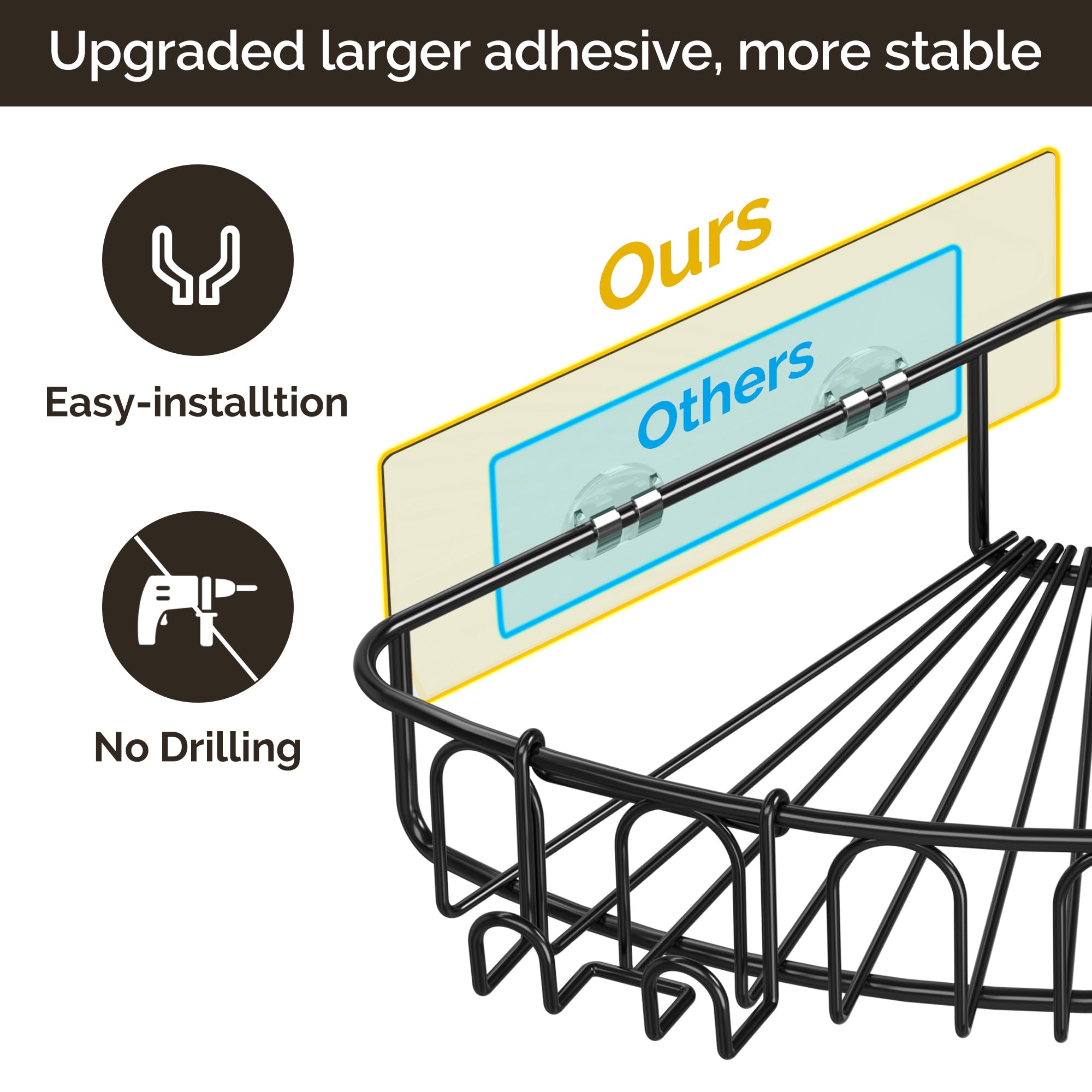 Orimade 2-Tier Corner Shower Caddy - Wall Mounted Metal Bathroom Shelf, Adhesive No Drilling, Matt Black, 2 Pack for 90-Degree Corner