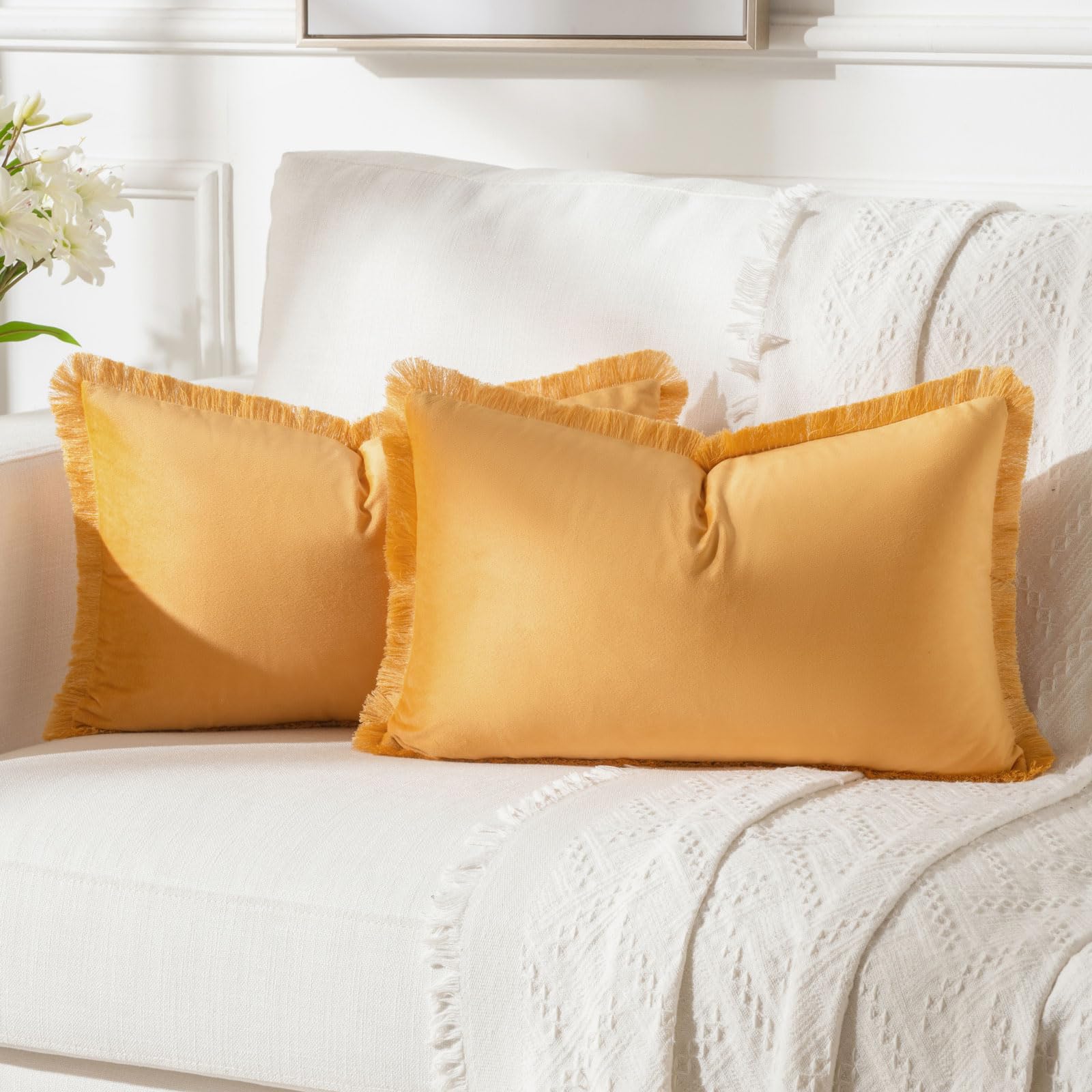 FUTEI Orange Boho Throw Pillow Covers with Tassels 12x20 Inch Set of 2,Soft Velvet Lumbar Pillow Cases,Home Decor for Couch Livi