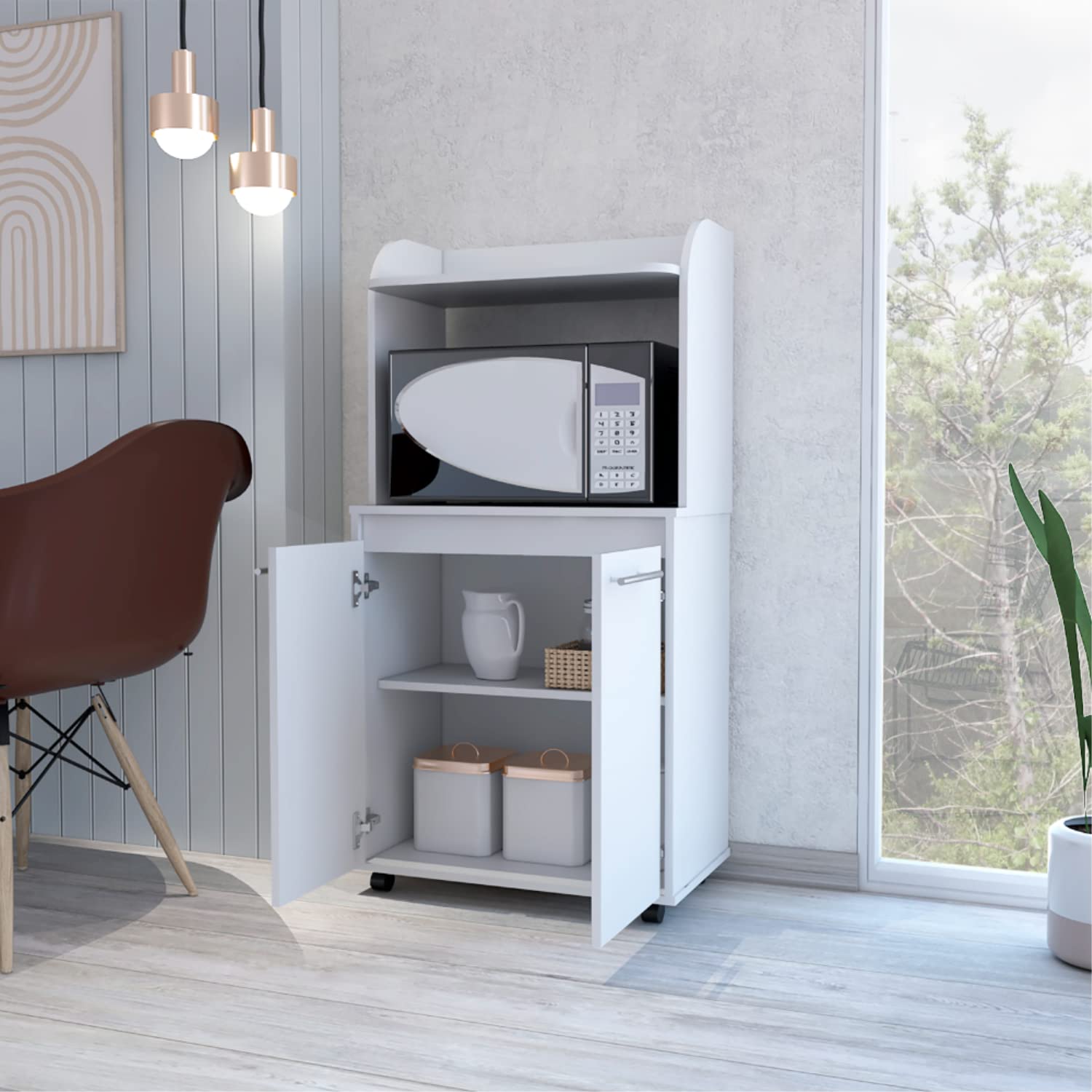 Kitchen Cart 49&Quot; H, 2 Door Cabinet, 1 Open Shelf, 2 Interior Shelves, White