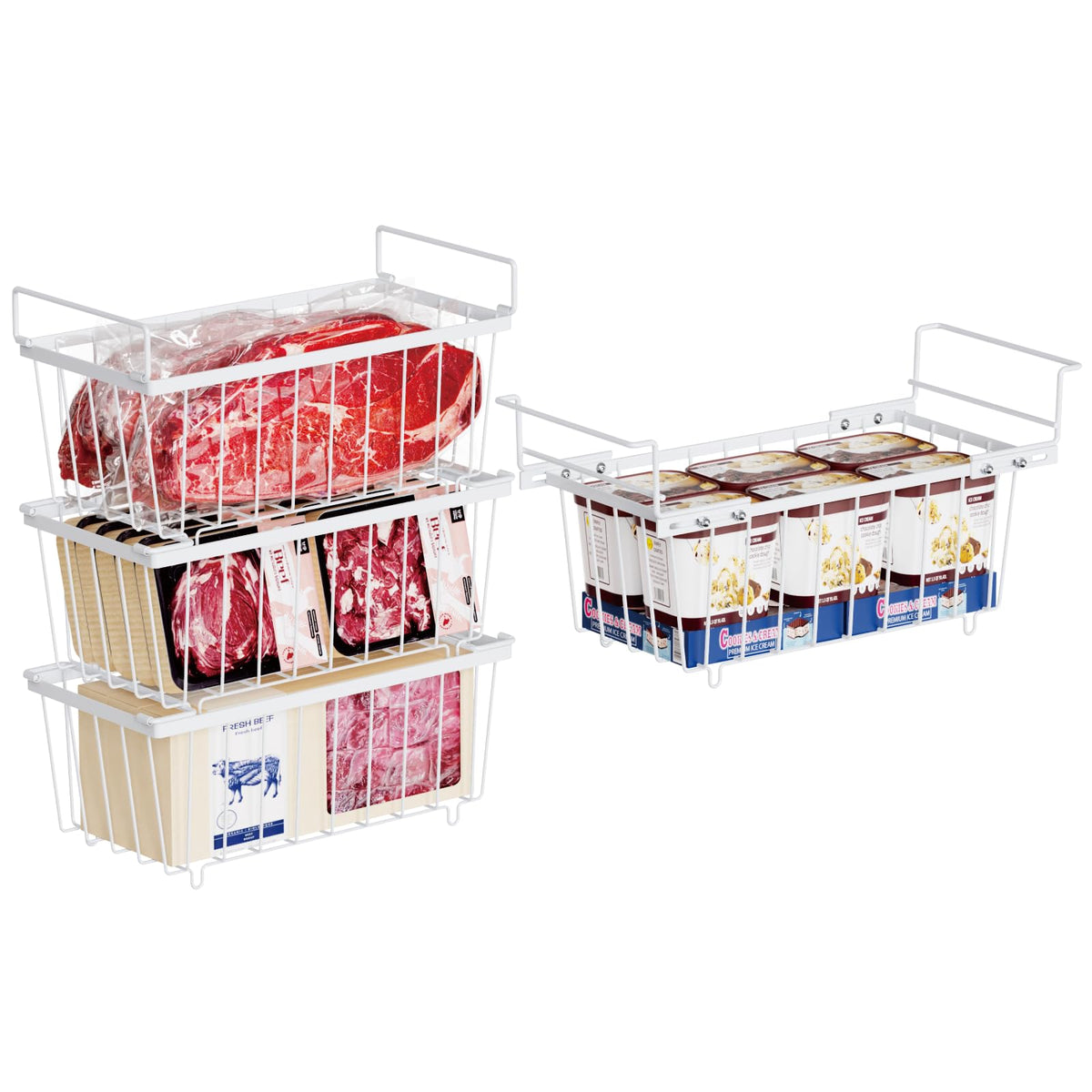 Ispecle 4 Pack Freezer Organizer Bins - Fit 7 Cu.Ft Chest Freezer, 1 Pack Small Hanging Organizer Bin & 3 Pack Stackable Deep Fr