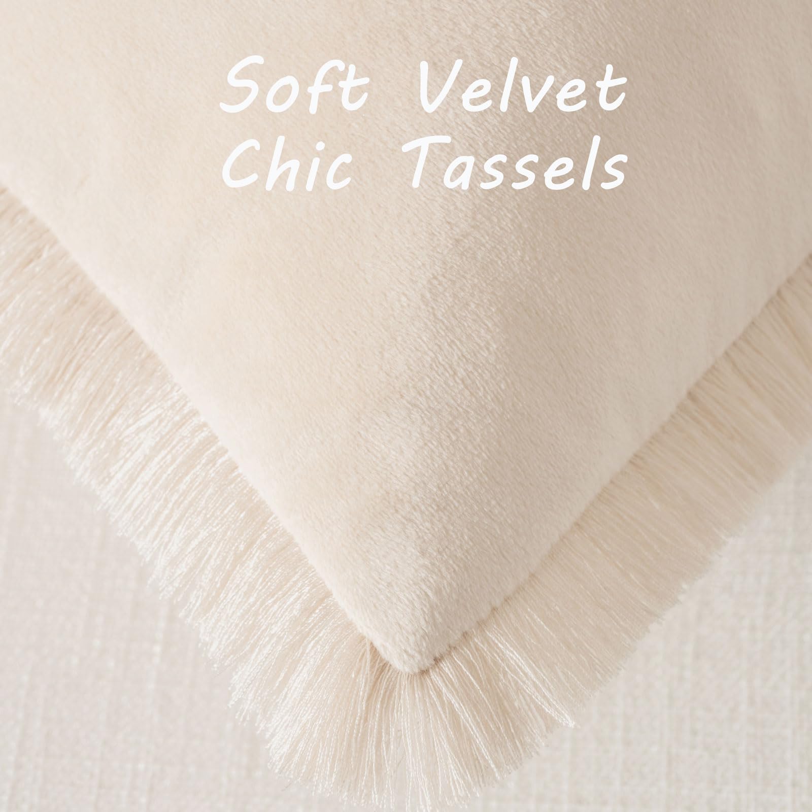 Futei Beige Boho Throw Pillow Covers With Tassels 18X18 Inch Set Of 2,Soft Velvet Decorative Cushion Case,Home Decor For Couch B