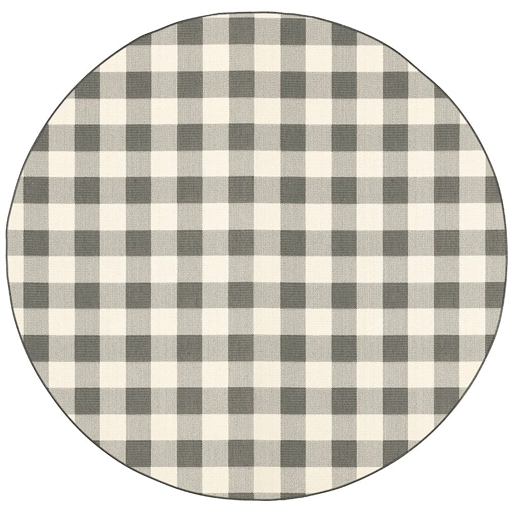 HomeRoots Grey Polypropylene 8’ Round Gray and Ivory Gingham Indoor Outdoor Area Rug