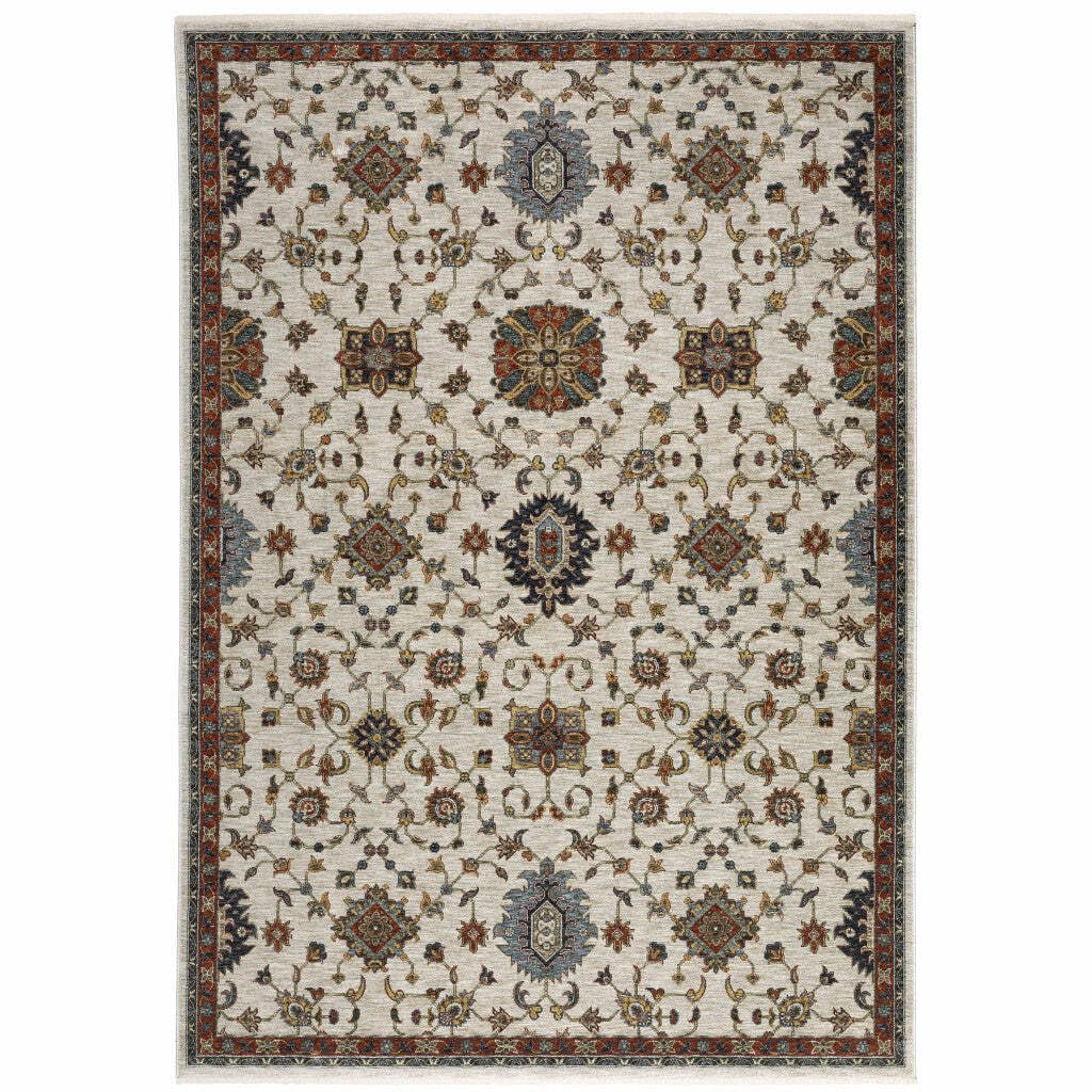 HomeRoots 508028 6 x 9 ft. Beige Rust Red Blue Gold & Gray Oriental Power Loom Stain Resistant Rectangle Area Rug with Fringe
