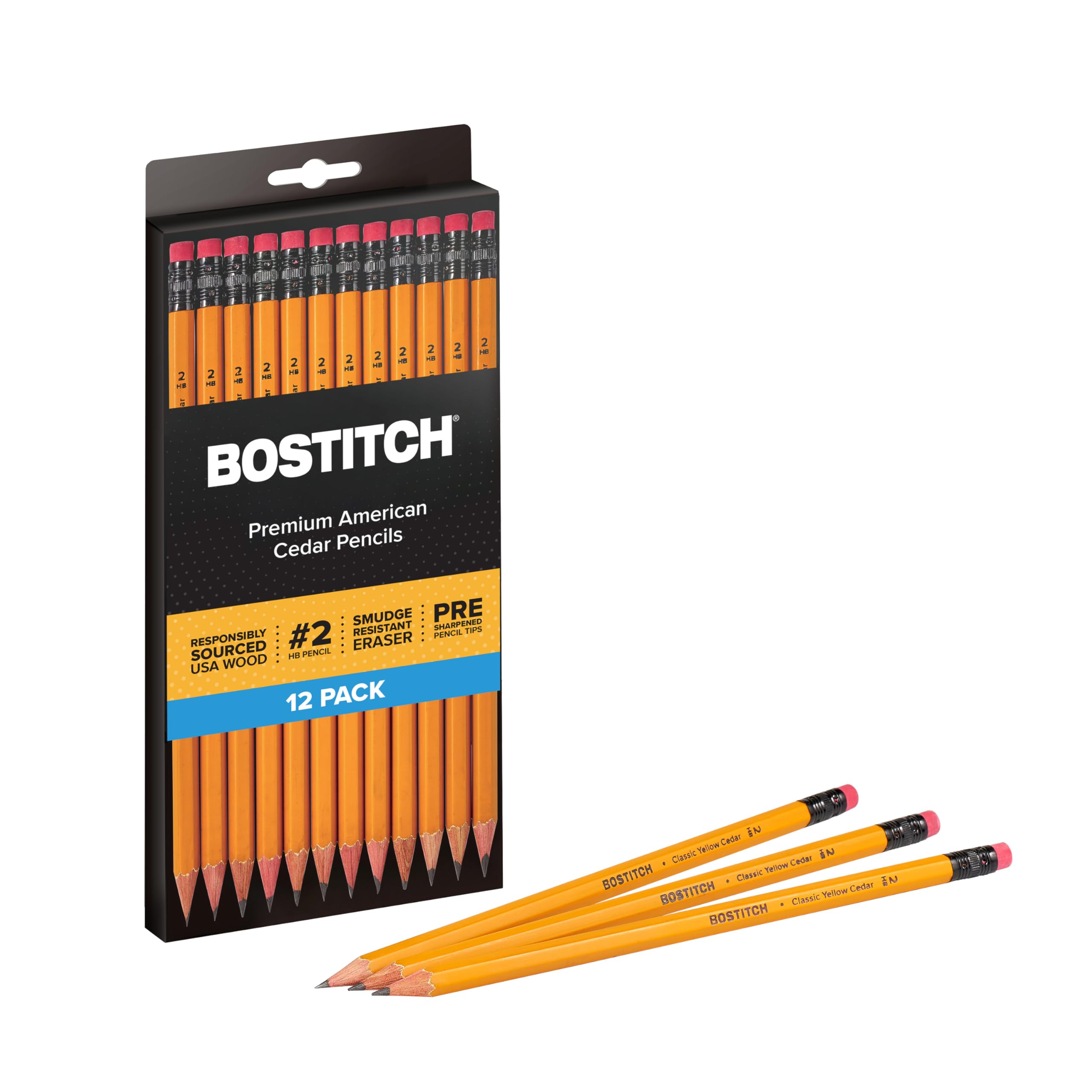 Bostitch Office Premium #2 Pencils, American Cedar Wood, Pre-Sharpened, Hb Graphite, 12-Pack