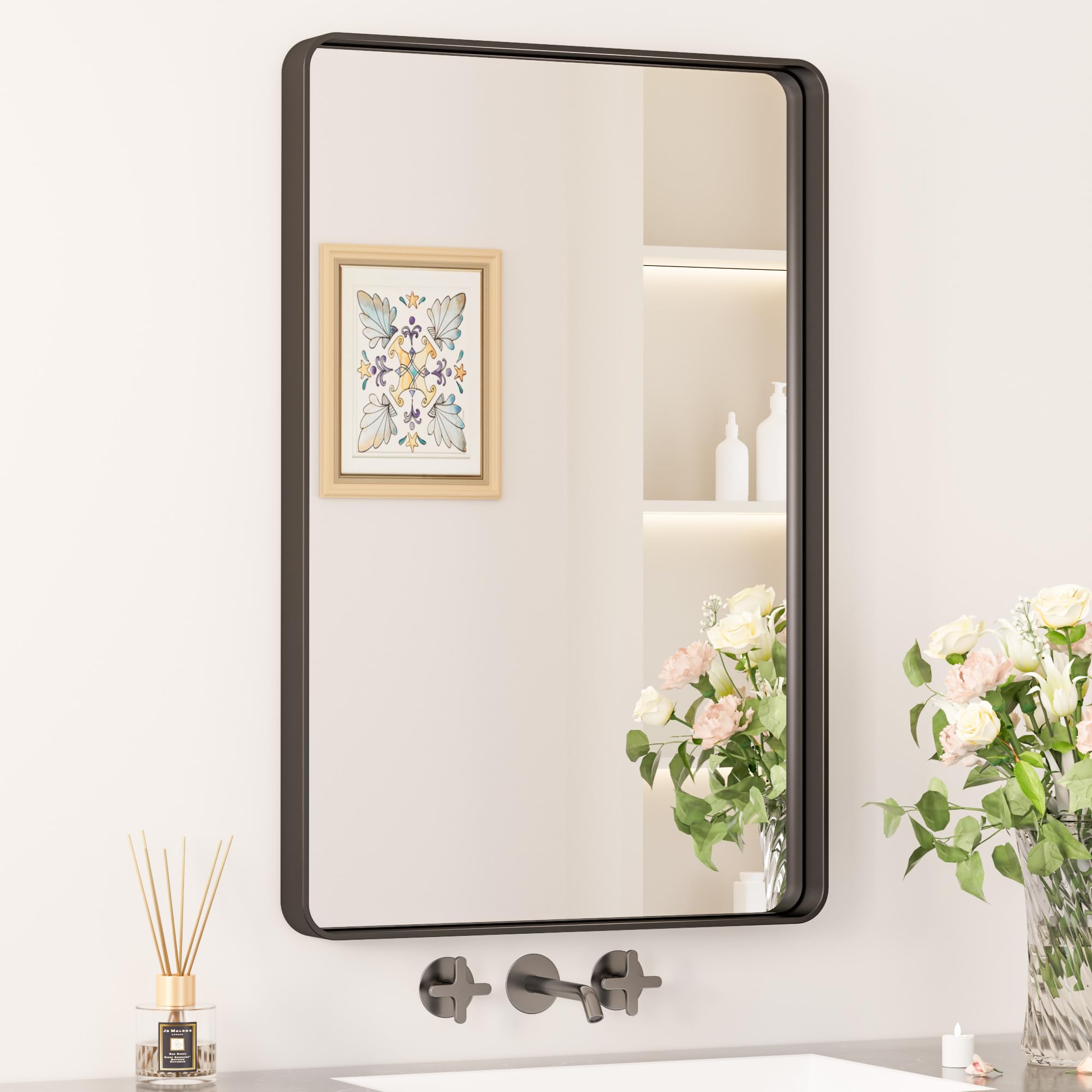 Keonjinn Black Metal Framed Bathroom Mirrors for Wall, 20 x 30 Inch Rounded Rectangle Bathroom Vanity Mirror, Matte Black Farmho