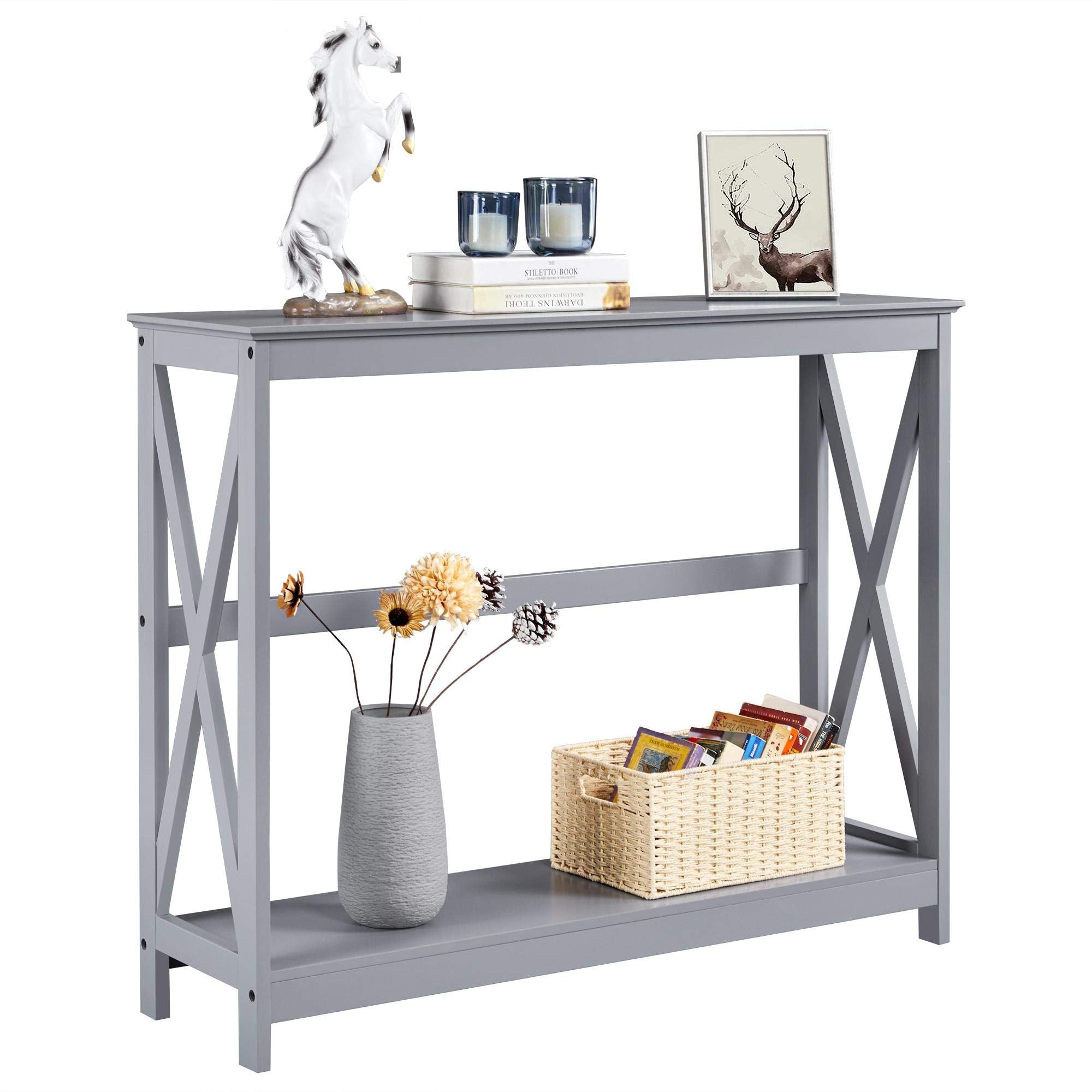 Yaheetech Console Table For Entryway, 2 Tier Narrow Sofa Table Bookshelf Accent Tables W/Storage Shelf, Living Room Entry Hall Foyer Tables Furniture, Grey
