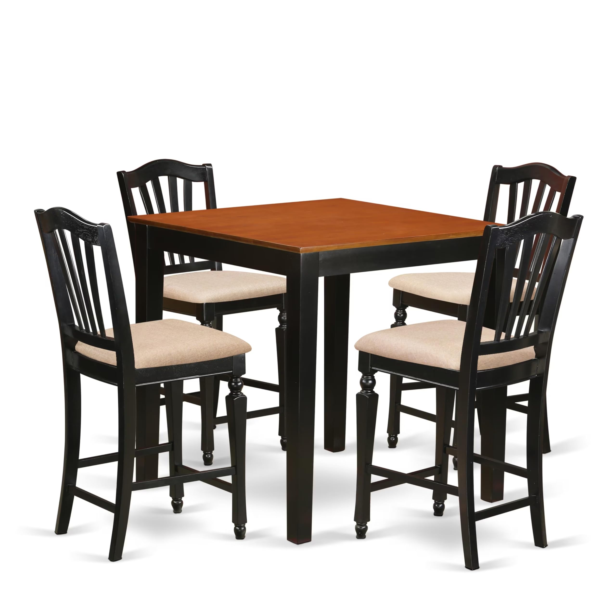 East West Furniture PBCH5-BLK-C 5 Piece Kitchen Counter Set Includes a Square Dining Table and 4 Linen Fabric Dining Room Chairs, 36x36 Inch, Black & Cherry