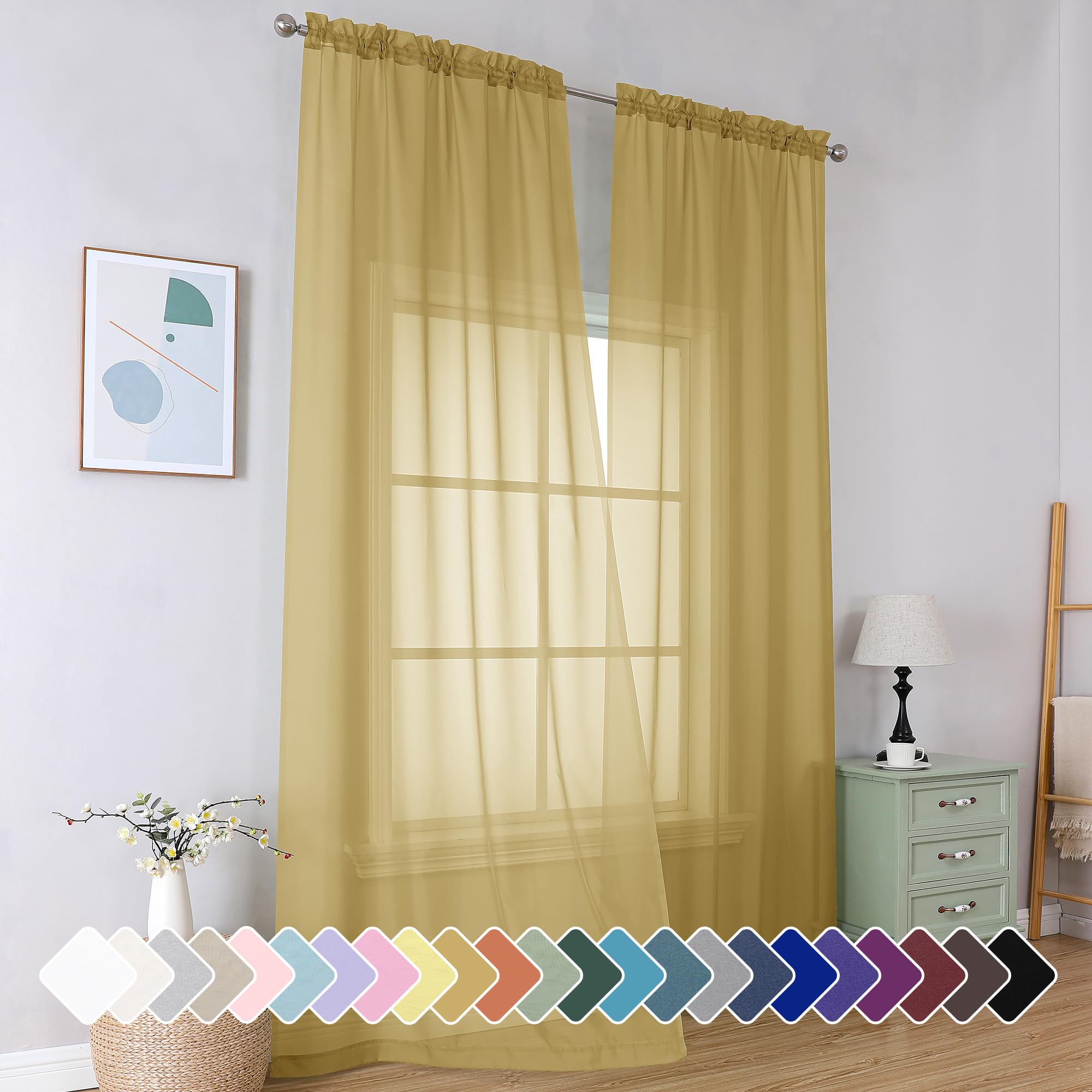Simplebrand Gold Sheer Curtains 96 Inches Long 2 Panels, Light Filtering Rod Pocket Solid Color Window Sheer Curtain Panels, Ele