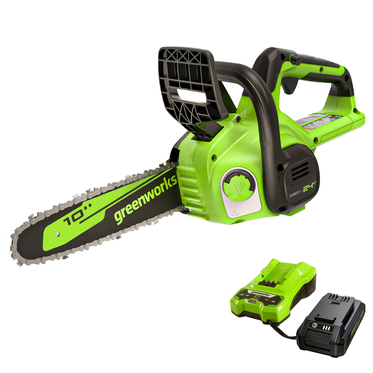 Greenworks 24V 10' Cordless Compact Chainsaw (Great For Storm Clean-Up, Pruning, And Firewood / 125+ Compatible Tools), 2.0Ah B