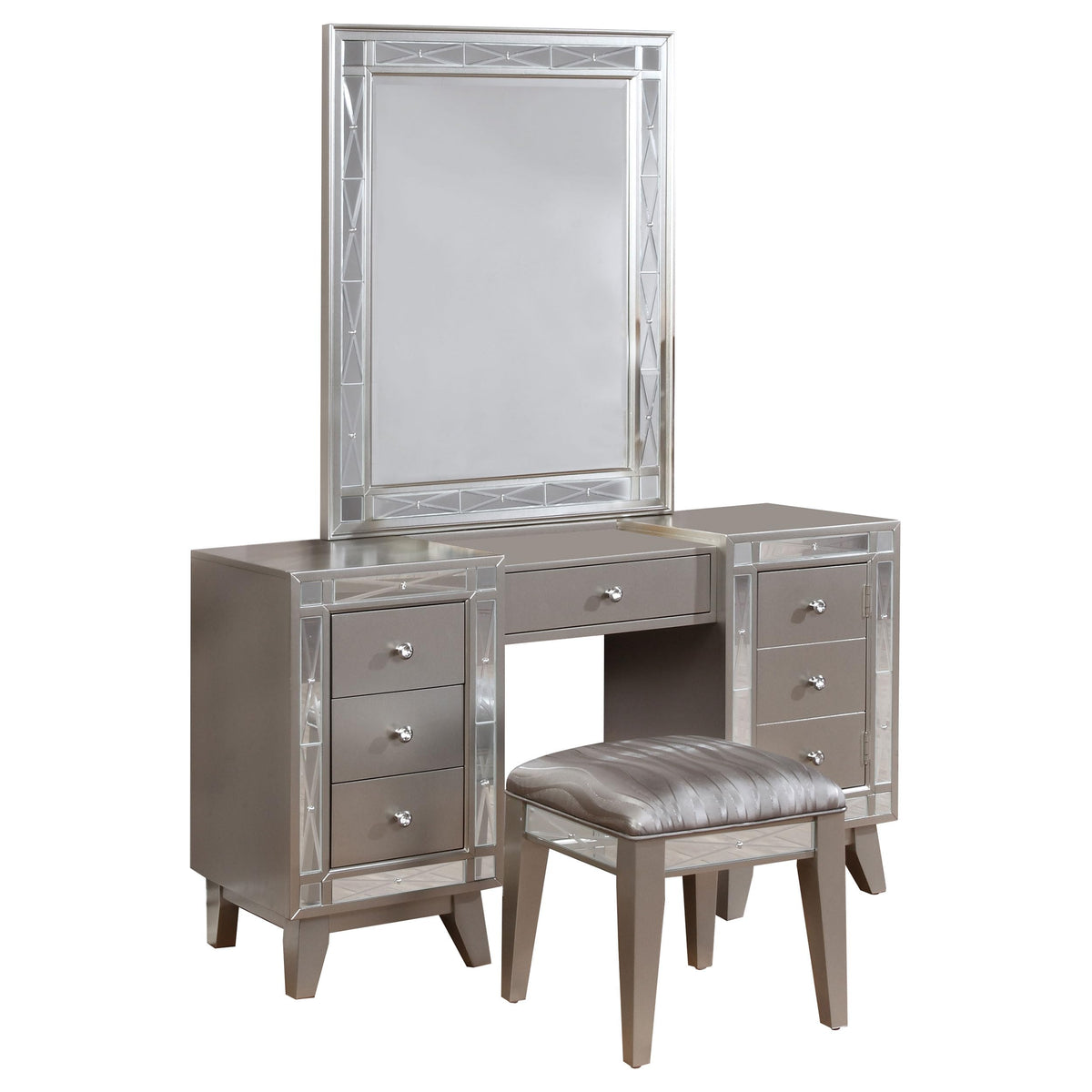 Coaster Home Furnishings Leighton Modern Classic 3-Piece 7-Drawer Makeup Vanity Desk with Mirror for Bedroom Makeup Table with Upholstered Vanity Seating Mirrored Details Metallic Mercury 204927-SET