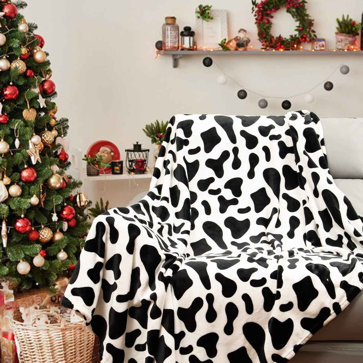 Vessia Cow Pattern Flannel Fleece Blanket(50X70 Inch)-Black And White Soft Throw Blanket For Sofa, Couch - Lightweight And Cozy