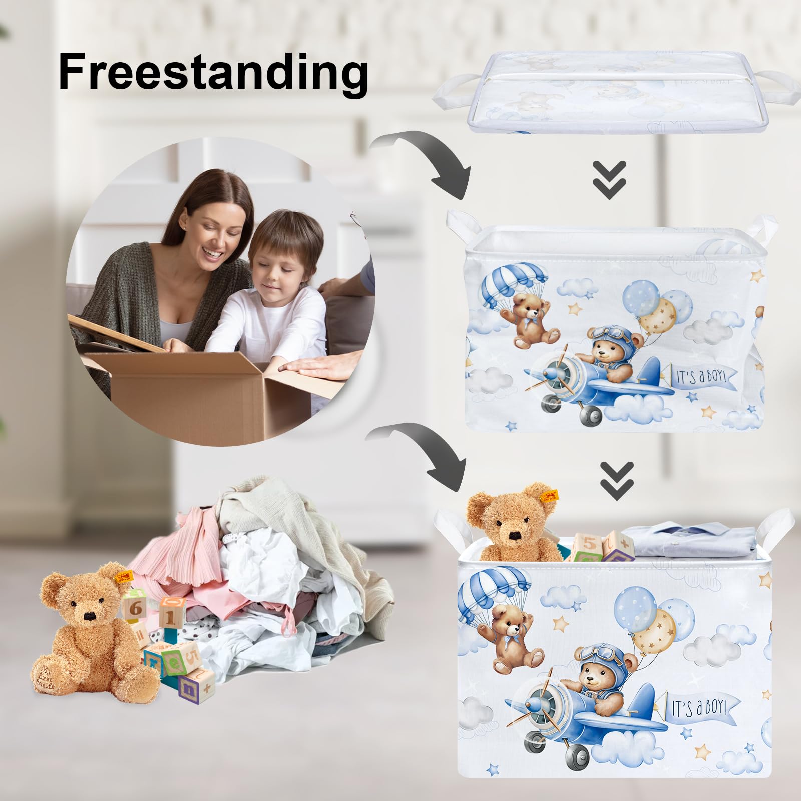 Clastyle 36L Blue Pilot Bear Boy Shower Basket Hot Air Balloon Gift Basket For Kid Room Nursery Pool Toy Towel Book Shelf Basket