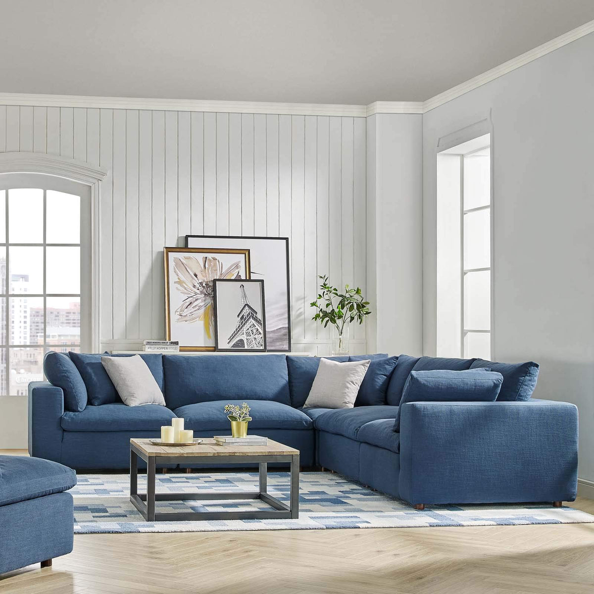 Modway Commix Down-Filled Overstuffed Upholstered 5-Piece Sectional Sofa Set In Azure