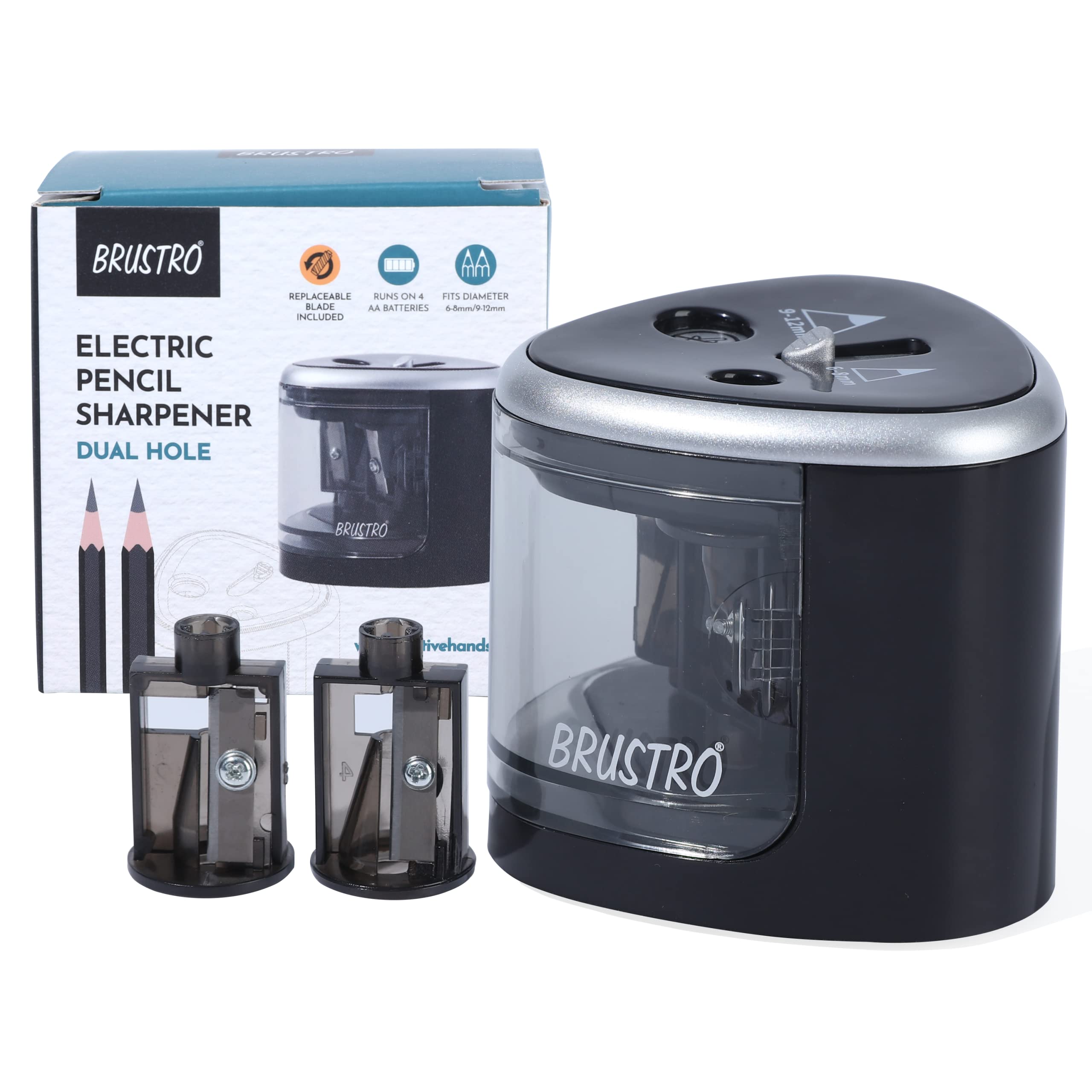 Brustro Double Hole Battery Operated Pencil Sharpener | Auto Feed For Charcoal, Graphite And Pastel Pencils | Ideal For Artists 