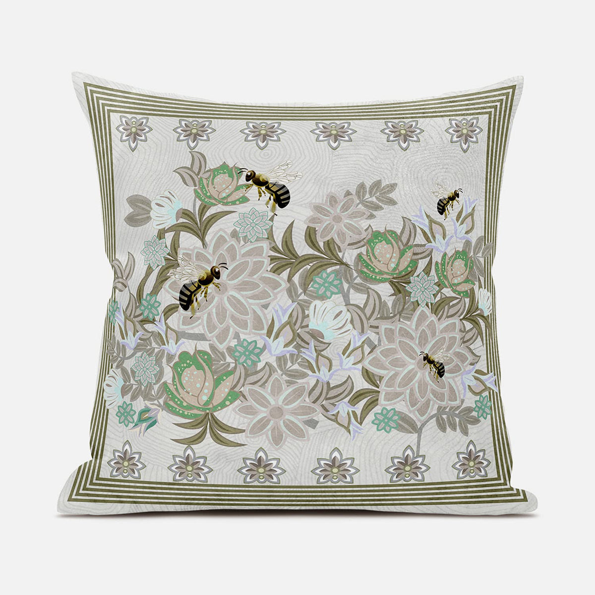 HomeRoots 26x26 BeigeYellow Green Brown Bee Blown Seam Broadcloth Animal Print Throw Pillow