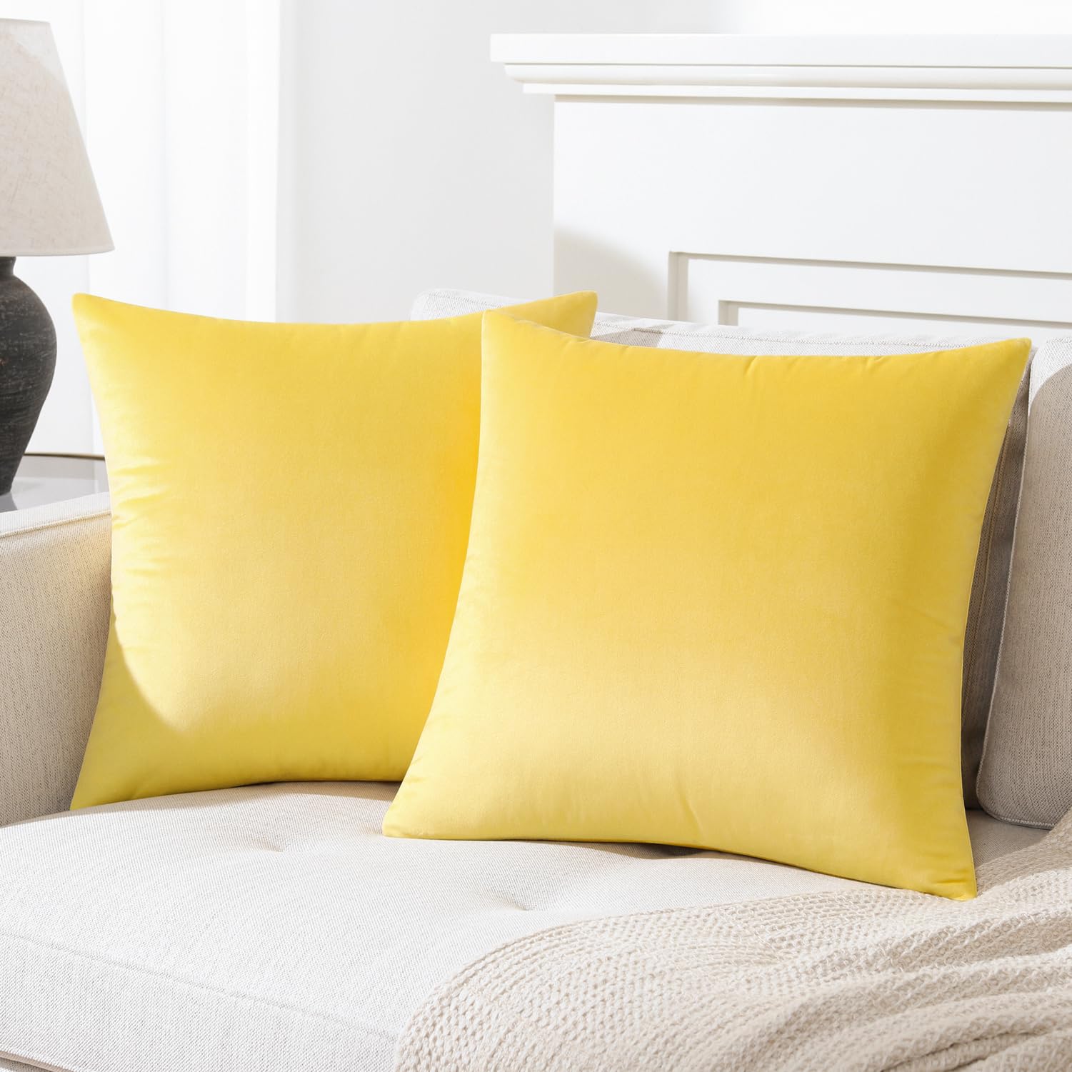 Mixhug Decorative Throw Pillow Covers, Velvet Cushion Covers, Solid Throw Pillow Cases For Couch And Bed, Pale Yellow, 26 X 26 I