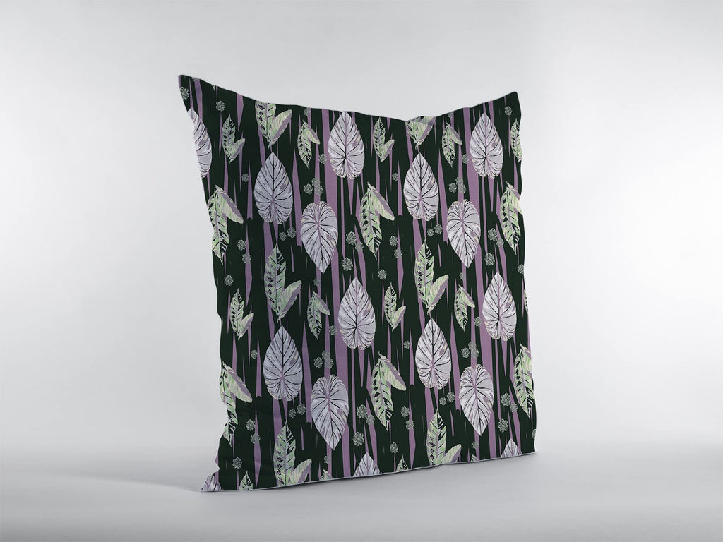 HomeRoots Purple and Dark Green 18â€ Black Purple Fall Leaves Suede Throw Pillow