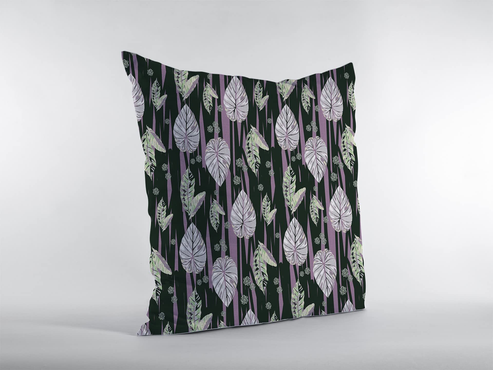 HomeRoots Purple and Dark Green 18â€ Black Purple Fall Leaves Suede Throw Pillow