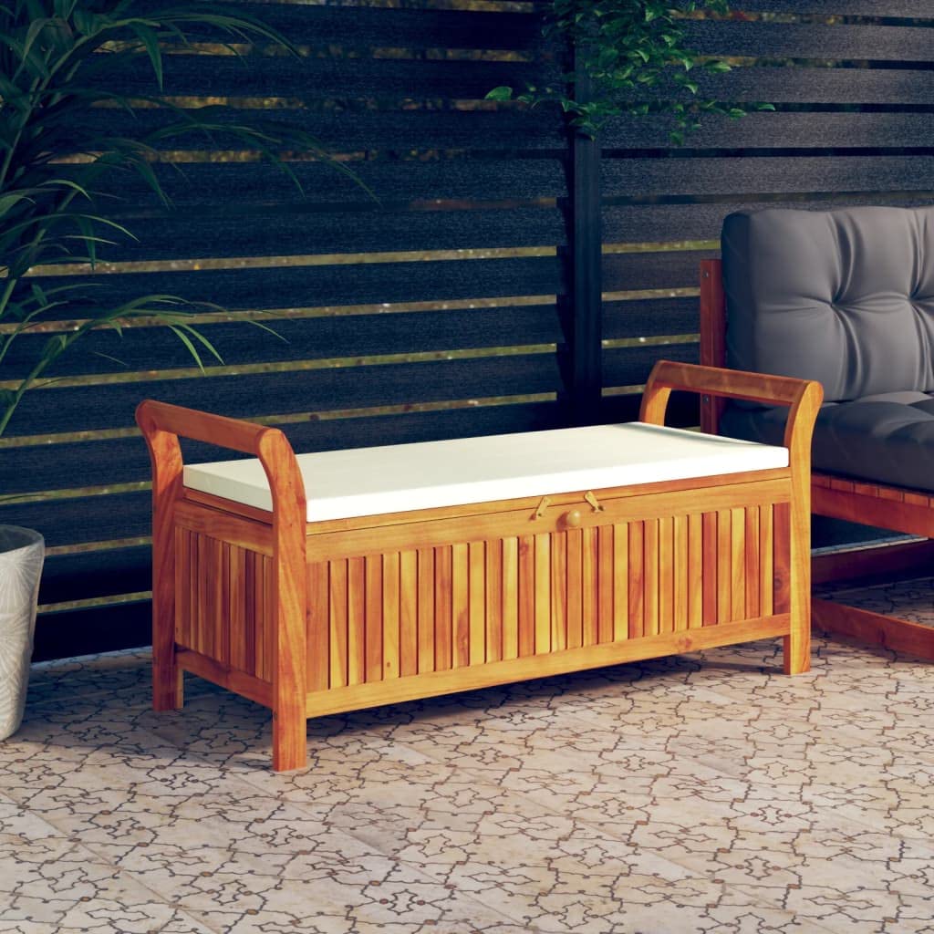 vidaXL Stylish Acacia Wood Patio Storage Bench with Cushioned Seat – Garden/Patio Accent Furniture - Brown White, 49.6" – Durable Outdoor Storage Solution
