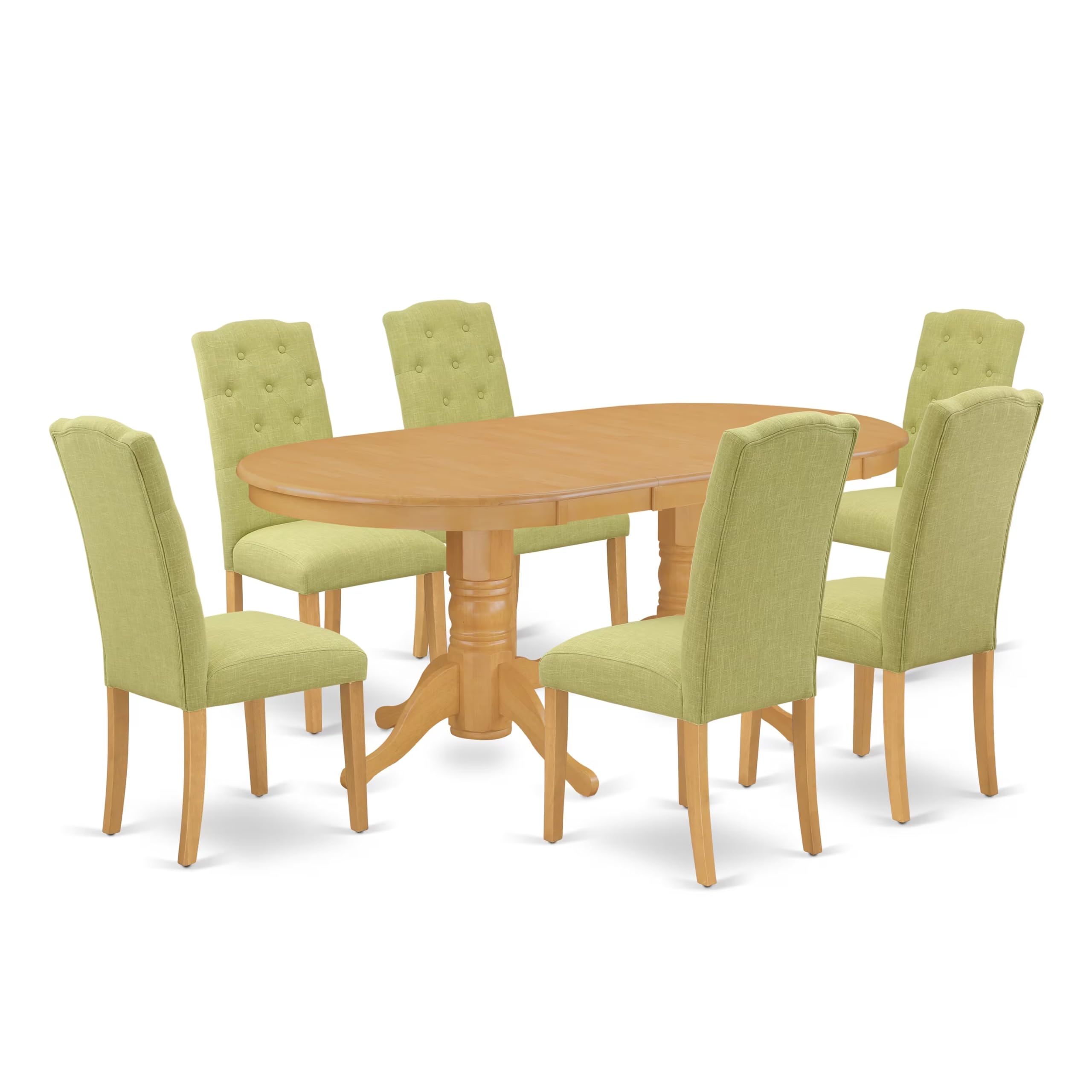 East West Furniture Vace7-Oak-07 7 Piece Dining Room Table Set Consist Of An Oval Kitchen Table With Butterfly Leaf And 6 Limelight Linen Fabric Parson Dining Chairs, 40X76 Inch, Oak