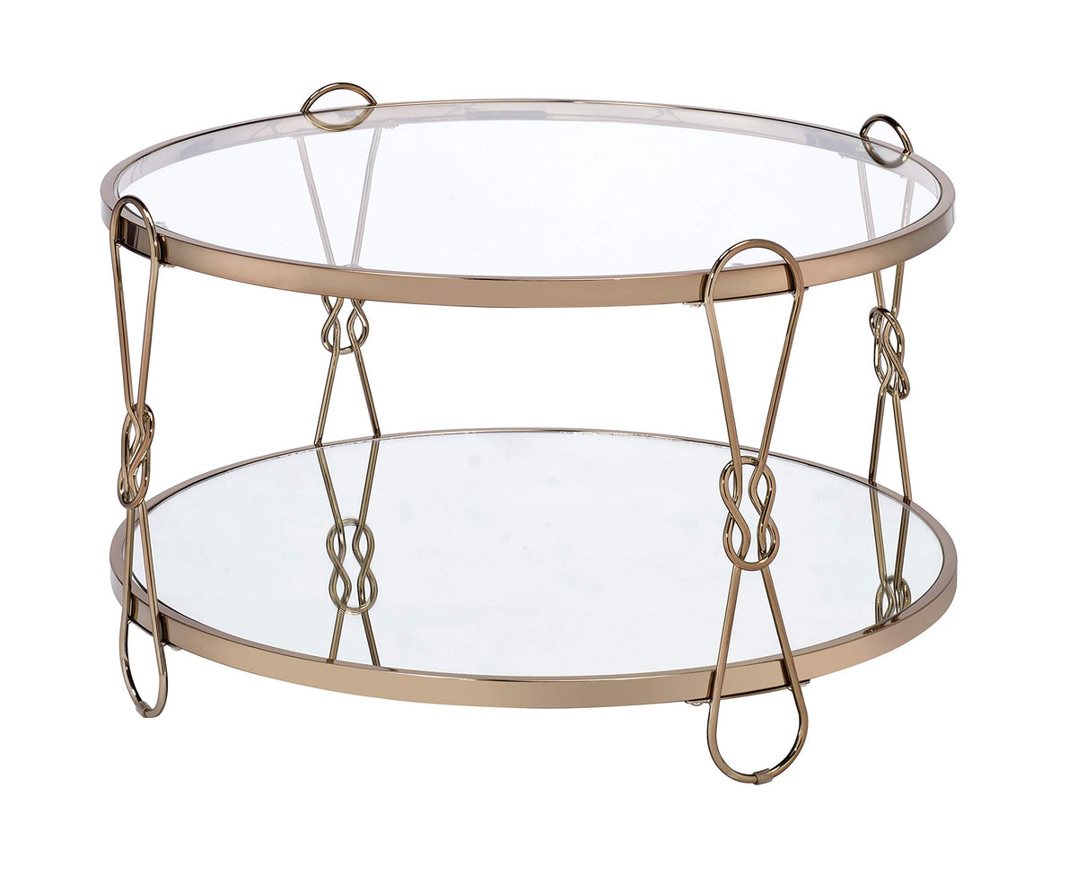 Benjara, Gold and Clear Metal Coffee Table with Mirrored Top and 1 Bottom Shelf