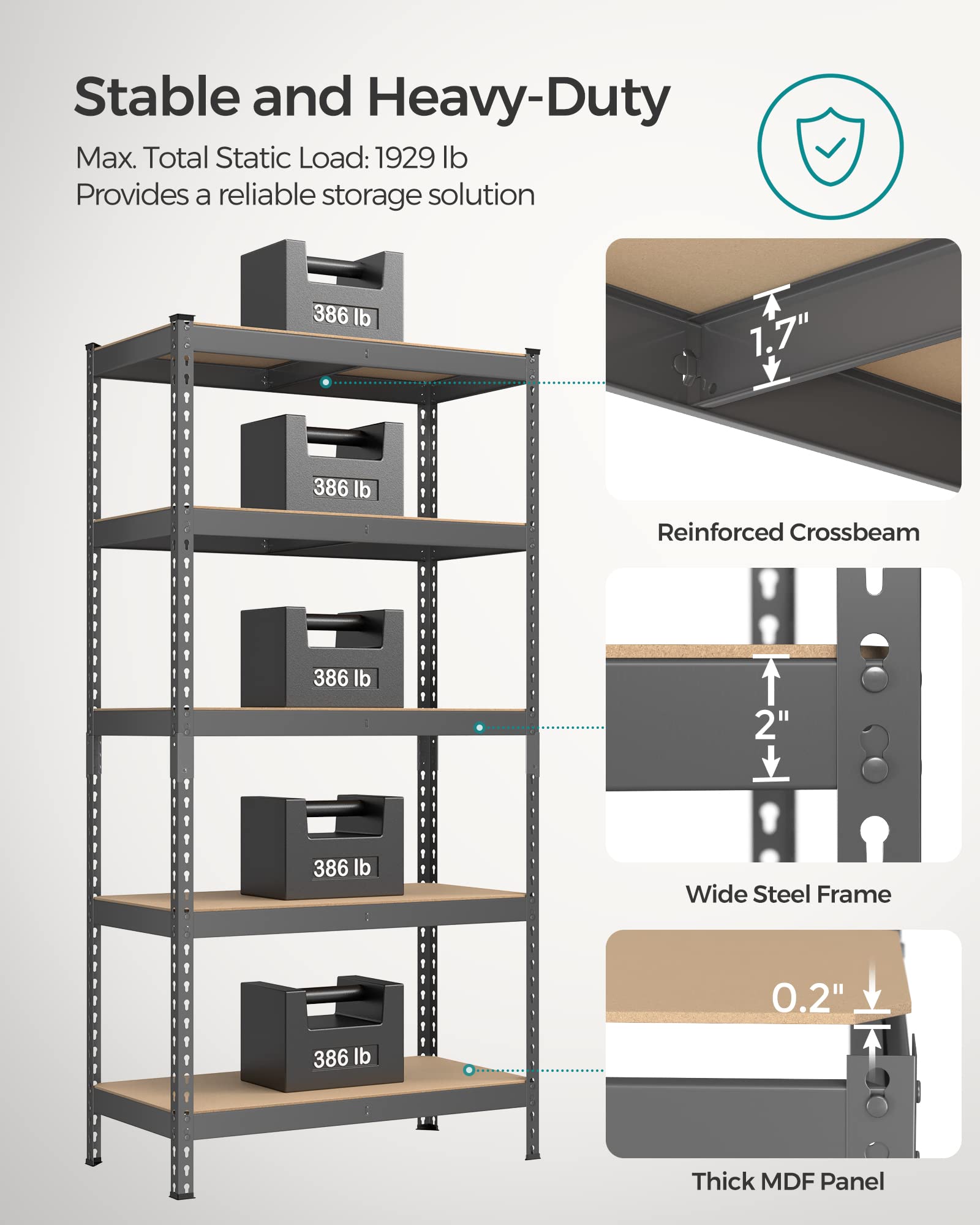Songmics 5-Tier Storage Shelves, Set Of 2 Garage Storage, Boltless Assembly, Adjustable Shelving Units, 17.7 X 35.4 X 70.9 Inches, Load 1929 Lb Each, Shed Warehouse Basement, Gray Uglr450G02