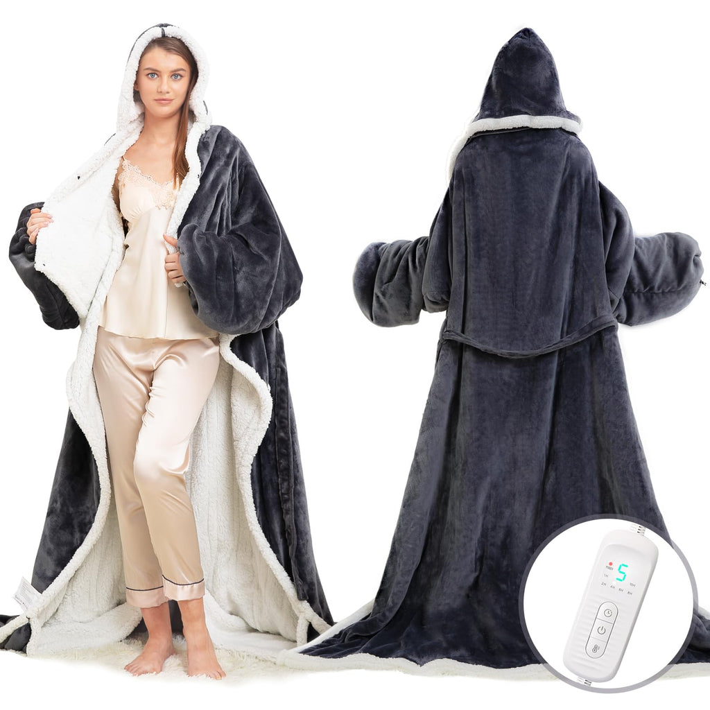 Wearable Heated Blanket With Foot Pocket, Electric Wearable Throw Blanket With Sleeves, Hood, Portable Heated Blanket With 8 Hea