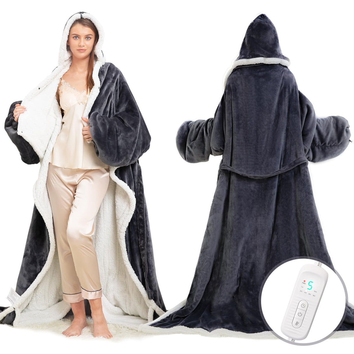 Wearable Heated Blanket With Foot Pocket, Electric Wearable Throw Blanket With Sleeves, Hood, Portable Heated Blanket With 8 Hea