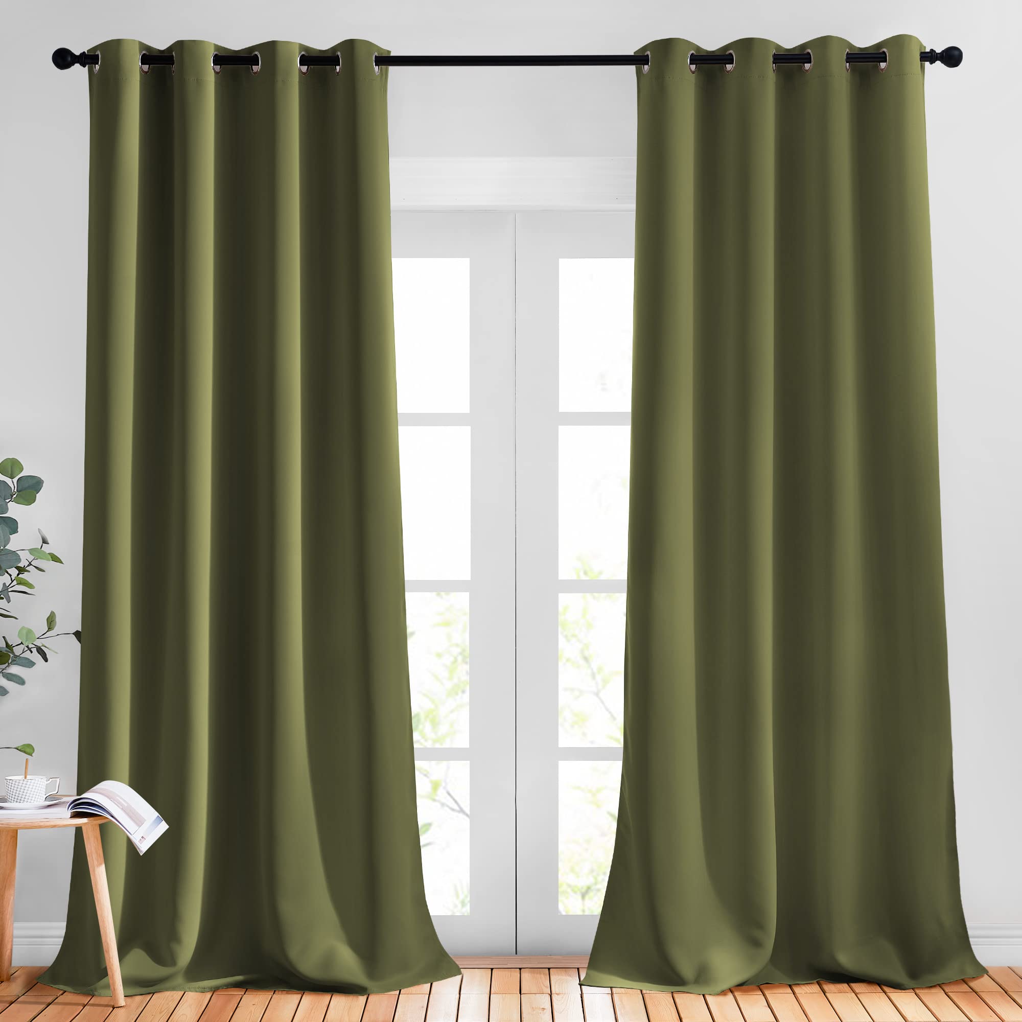 Nicetown Patio Glass Door Panels - (52 Inches Wide X 108 Inches Long, Olive Green, 1 Pair) Blackout Curtains For Holiday Decor,