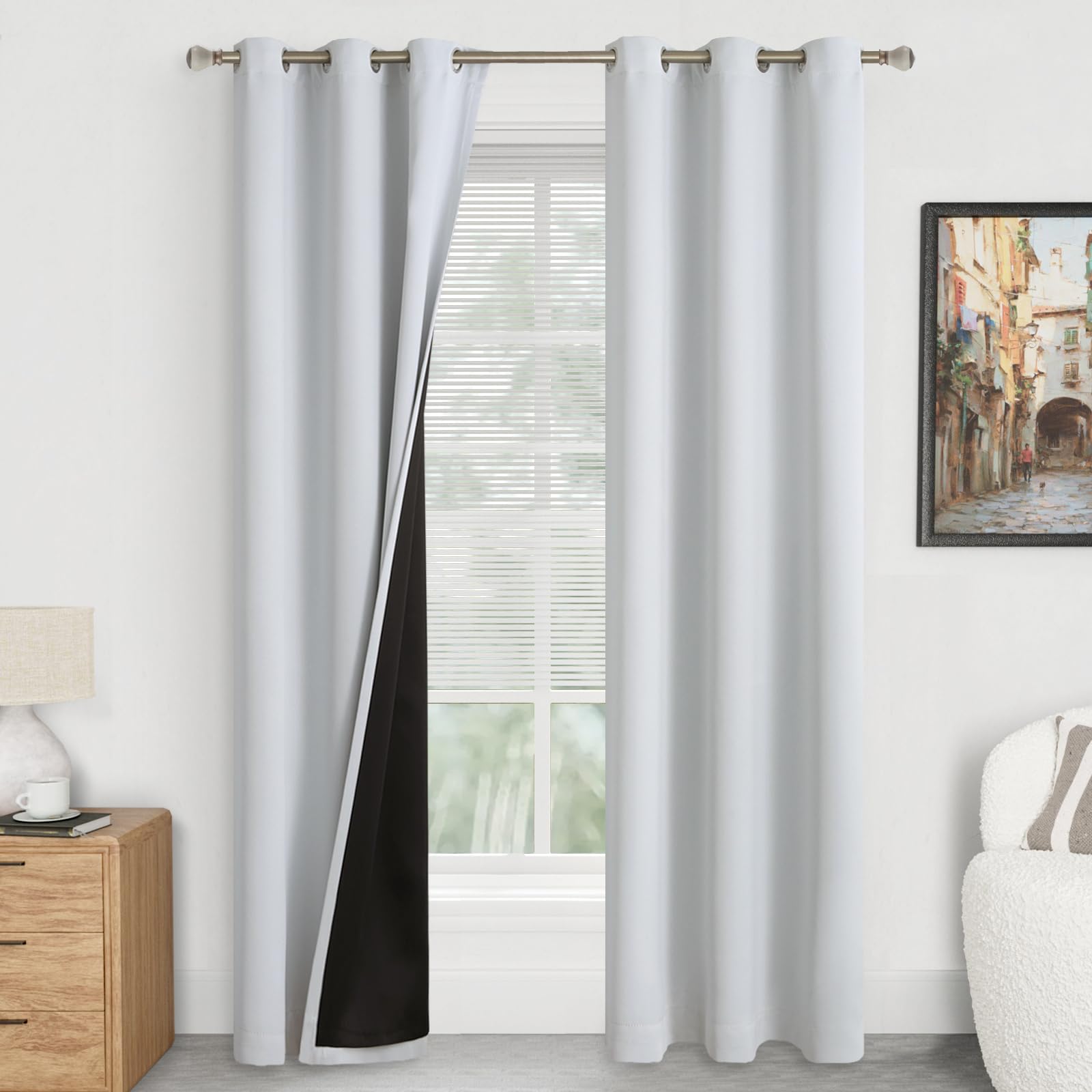 Quemas Greyish White Blackout Curtains 84 Inch Length 2 Panels For Living Room, Thermal Insulated 100% Light Blocking Soundproof