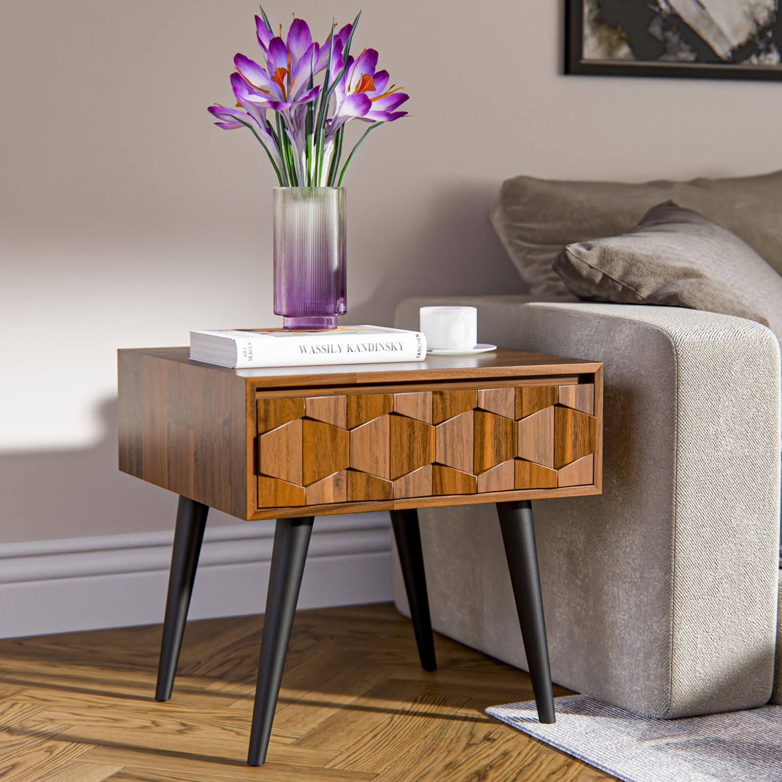 Bme Georgina Solid Wood Nightstands with Drawers - Fully Assembled Rustic Geometric Pattern Bedside Cabinet - Mid Century Modern