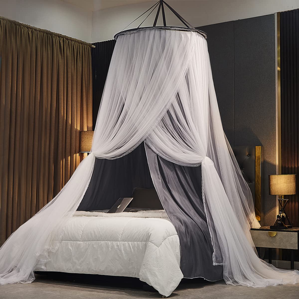 Kertnic Luxurious Bed Canopy For Girls & Adults, Large Elegant Double Layer Bed Curtain Canopy Drapes, Round Dome Lace Princess