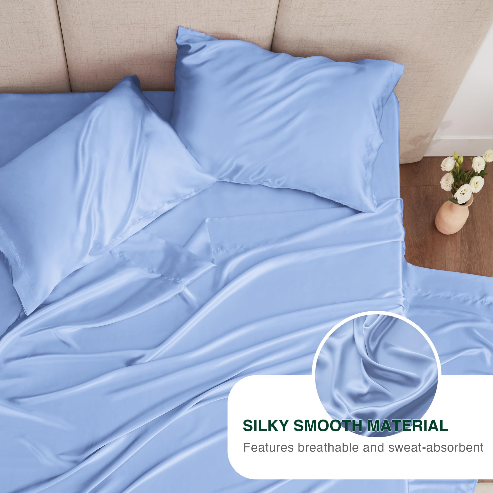 Love'S Cabin Twin Xl Satin Sheet Sets - 3 Piece Sky Blue Silky Satin Bed Sheets With Deep Pockets, Luxury Silk Feel Satin Sheet Set Twin Xl (1 Flat Sheet,1 Fitted Sheet,1 Pillow Case)