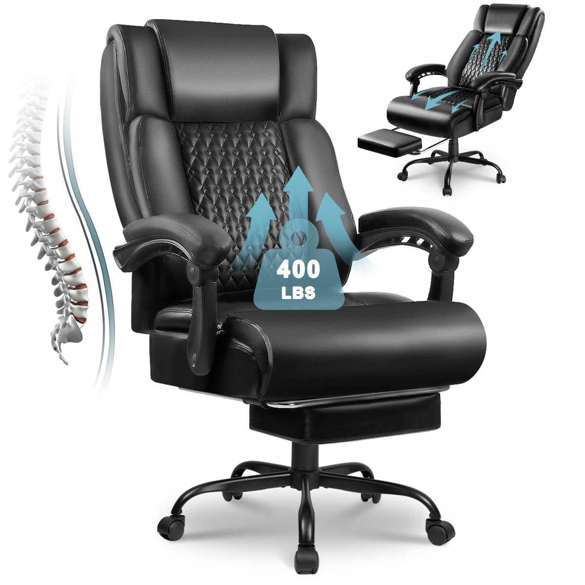 Big And Tall Office Chair With Foot Rest 400Lbs, Heavy Duty Executive Leather Office Chair For Heavy People, Comfy High Back Erg
