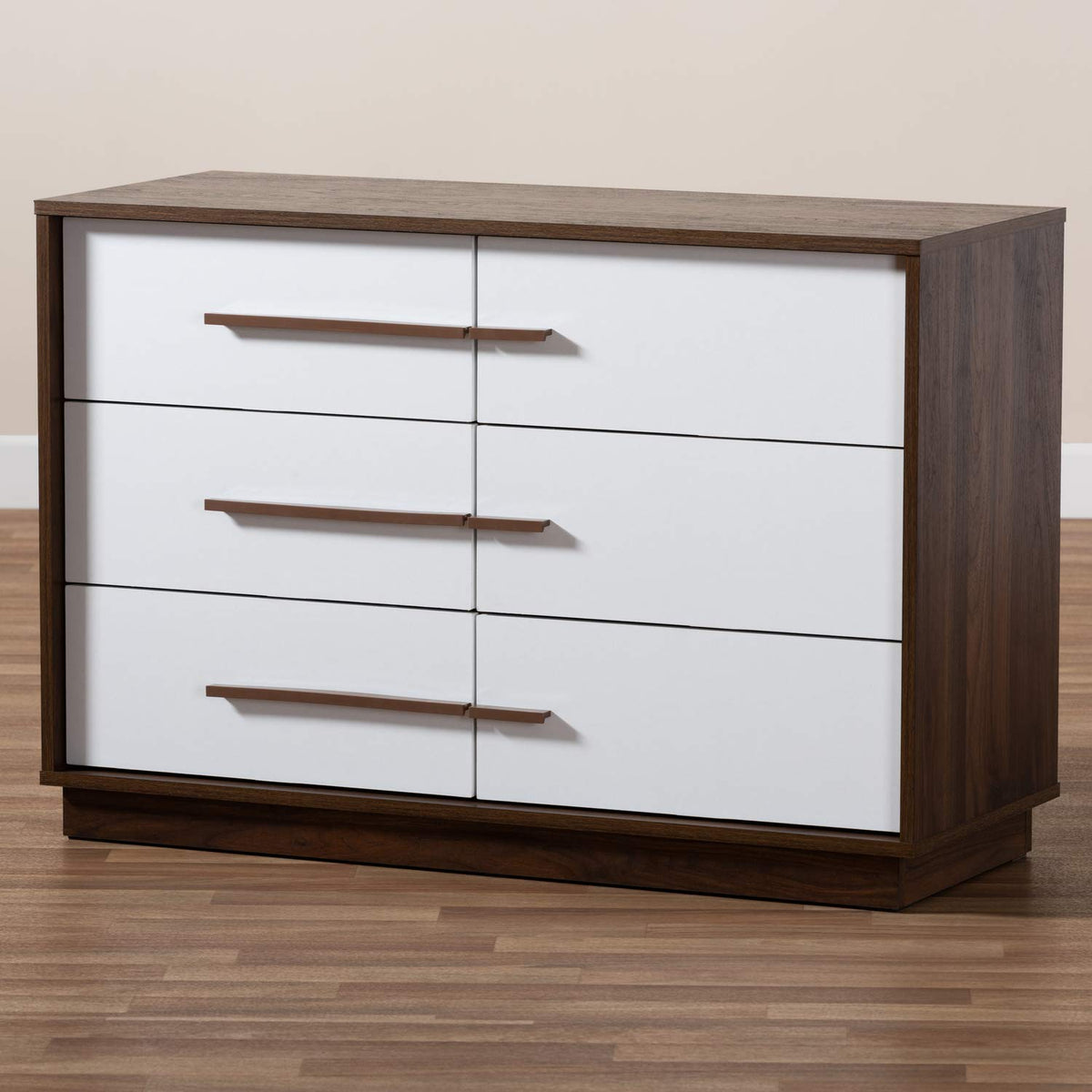 Baxton Studio Mette Mid-Century Modern Two-Tone White and Walnut Finished 6-Drawer Wood Dresser