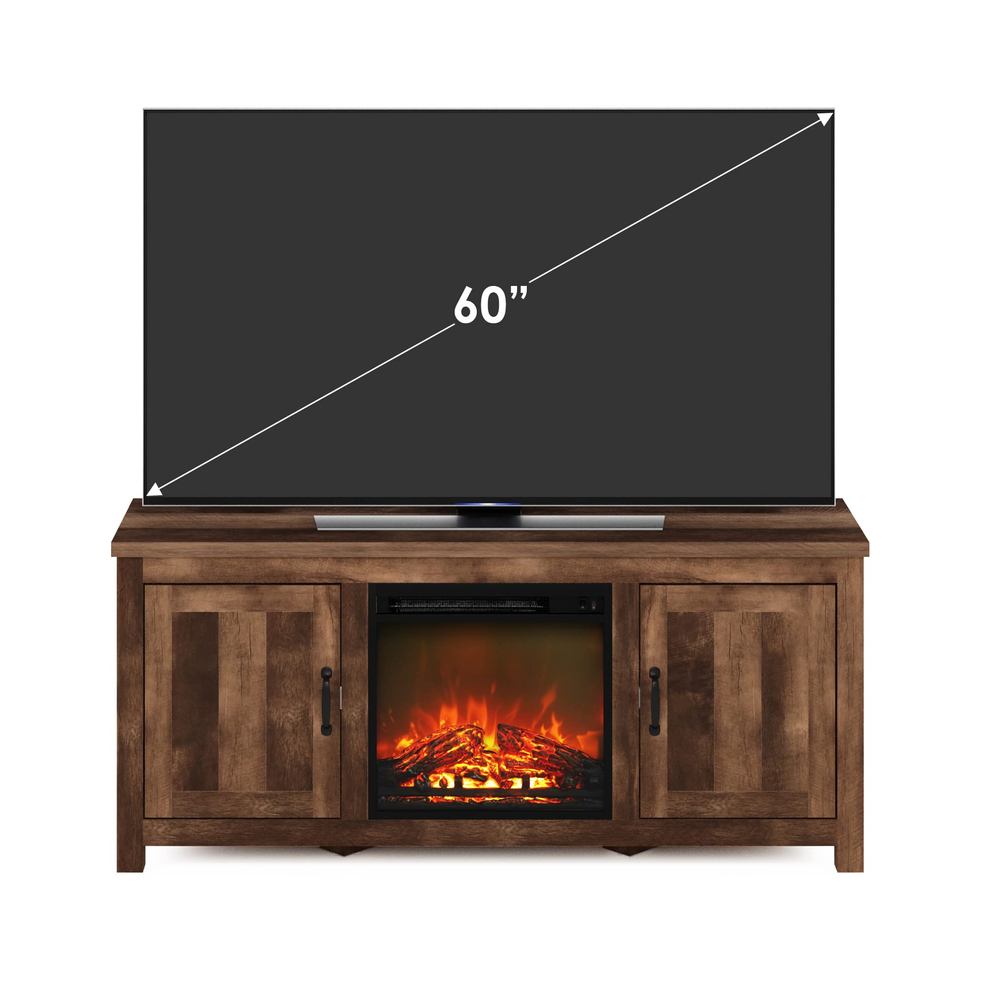 Furinno Jensen Farmhouse Barn Door Fireplace Stand With Storage Cabinet For Tv Up To 60 Inch, Rustic Brown