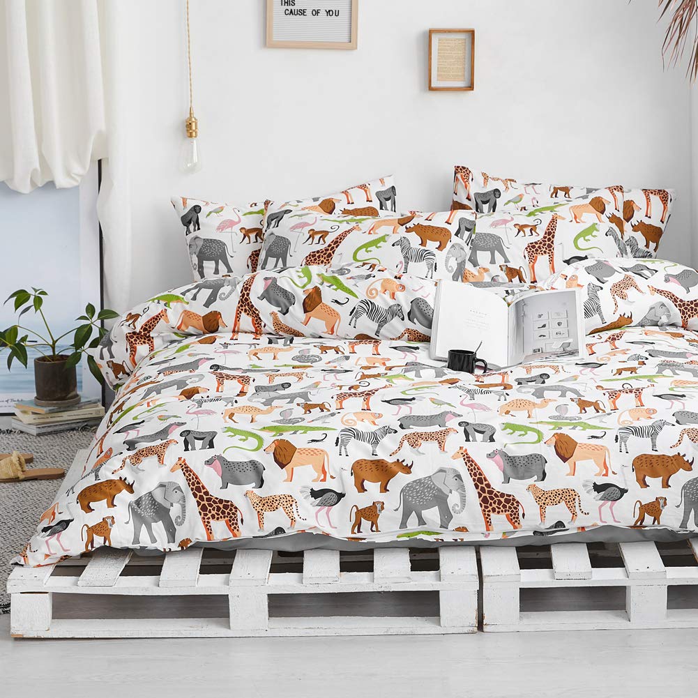 Blueblue Safari Kids Duvet Cover Set Queen, 100% Cotton Bedding For Boys Girls Teens Lion Elephant Rhino Giraffe Zebra Zoo Print