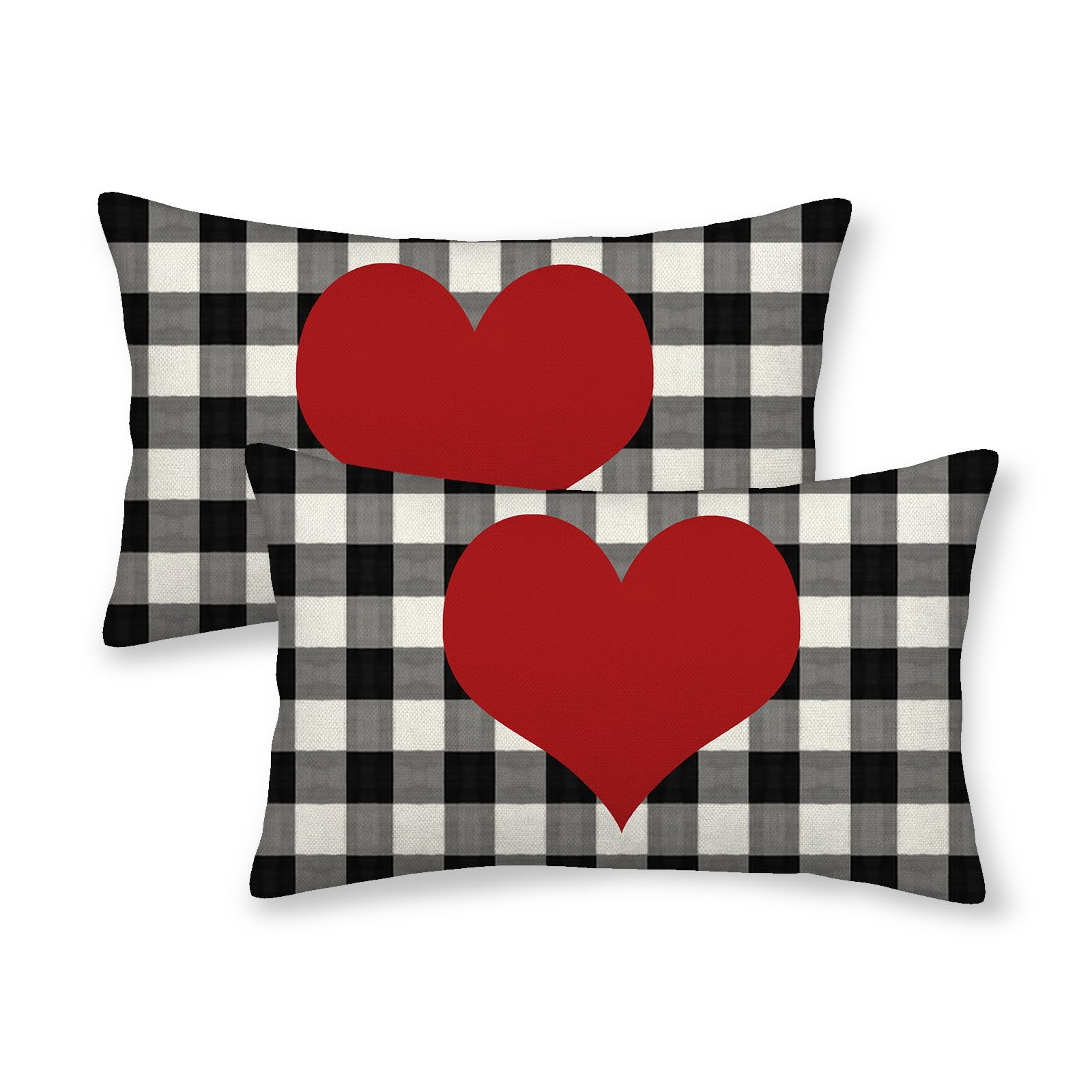 Aeioae Valentines Pillow Covers 12X20 Inch Set Of 2,Black Buffalo Plaid Love Heart Throw Pillows Case,Valentine'S Day Anniversar
