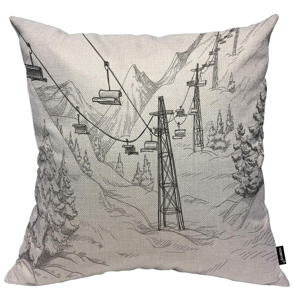 Hosnye Mountain Ski Lift Throw Pillow Cushion Coverssketch White Wintertime Snow Landscape Resort Decorative Square Accent Pillo