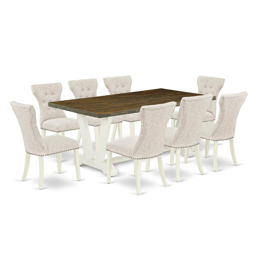 East West Furniture V077Ga235-9 9 Piece Kitchen Table Set Includes A Rectangle Dining Table With V-Legs And 8 Doeskin Linen Fabric Parsons Dining Chairs, 40X72 Inch, Multi-Color