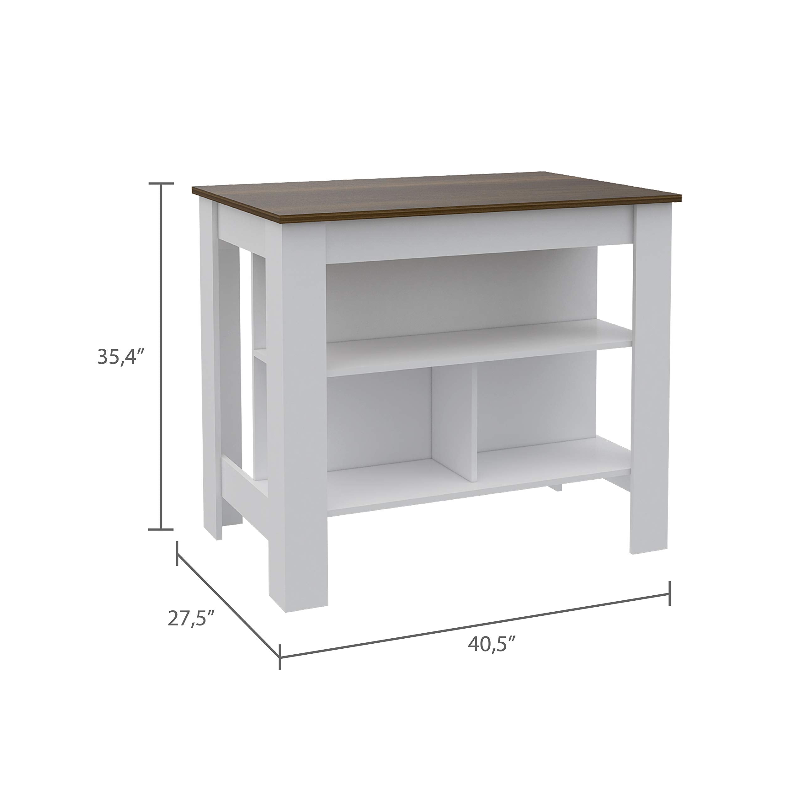 Kitchen Island, Kitchen Table 35&quot; H, 4 Legs, 3 Open Storage Shelves, White/Walnut