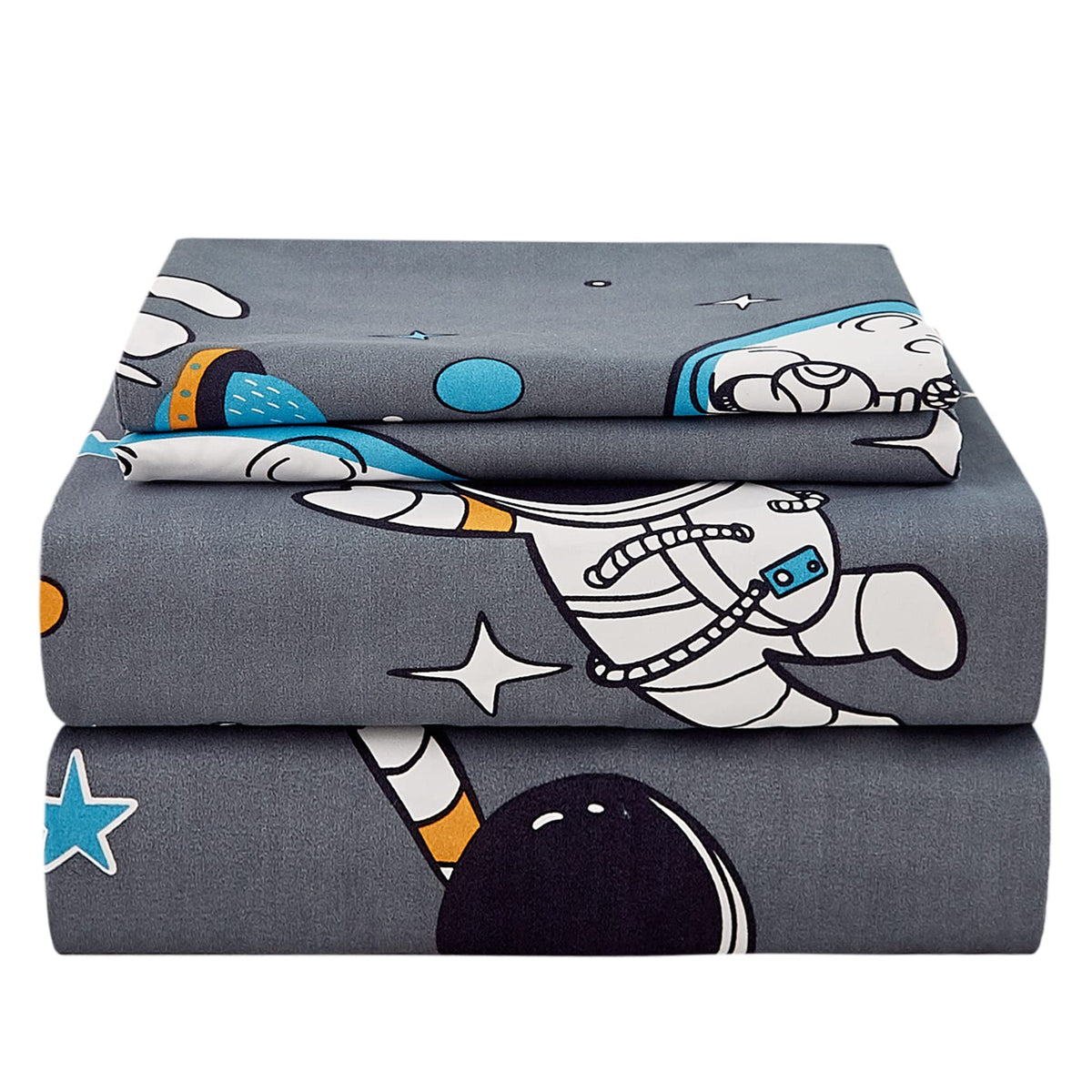 Jsd Grey Astronaut Planet Kids Sheet Set Twin, 3 Piece Cute Space Adventure Printed Microfiber Sheets For Boys Deep Pocket